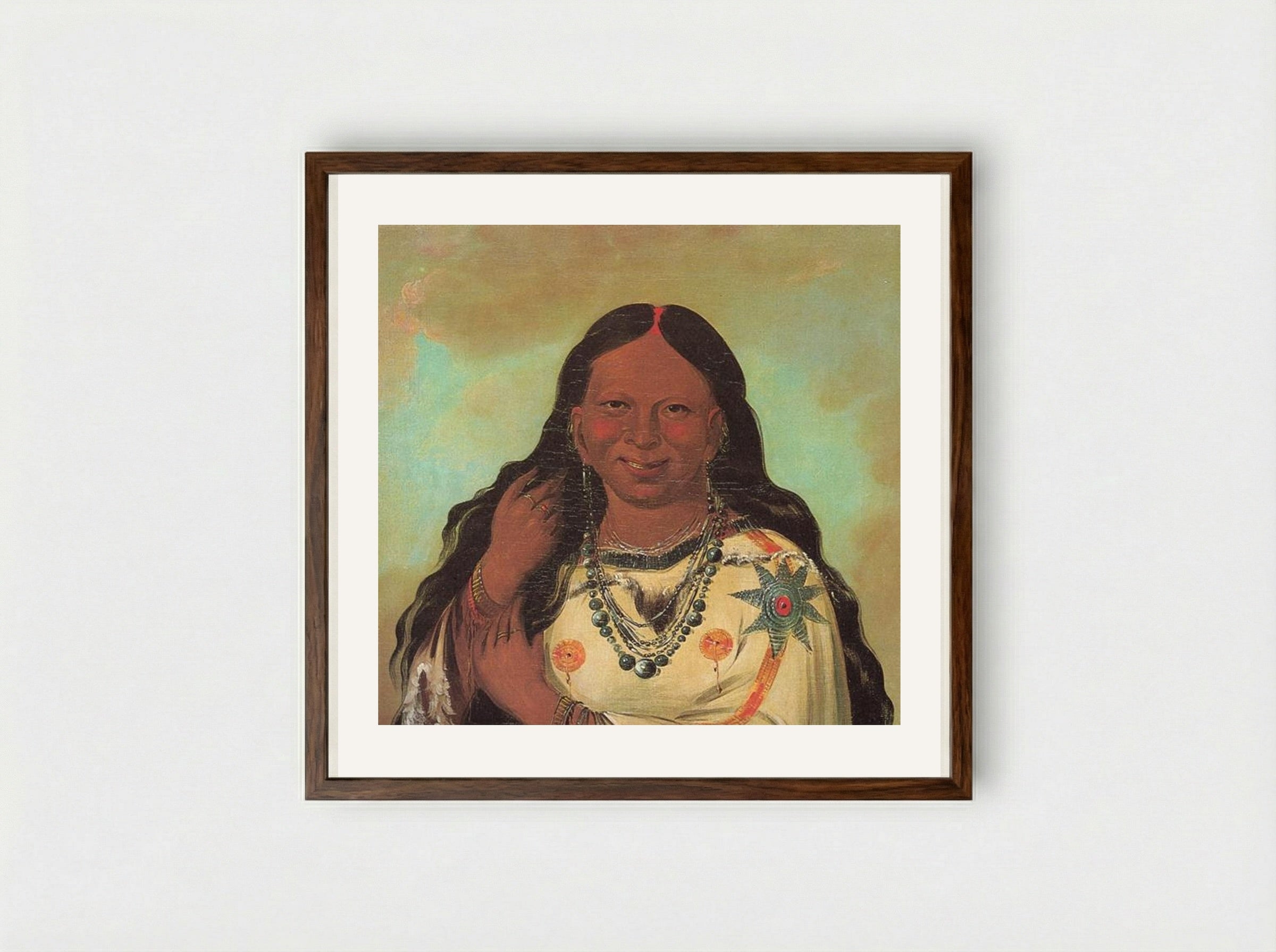 Kei-a-gis-gis, a woman of the Plains Ojibwa - George Catlin - Framed Print Dark Wood