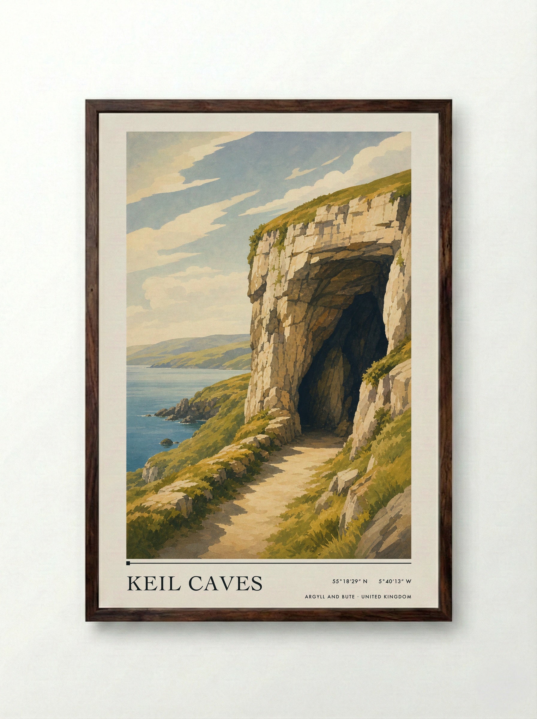 Keil Caves Argyll and Bute United Kingdom Travel Poster - Framed Print Dark Wood