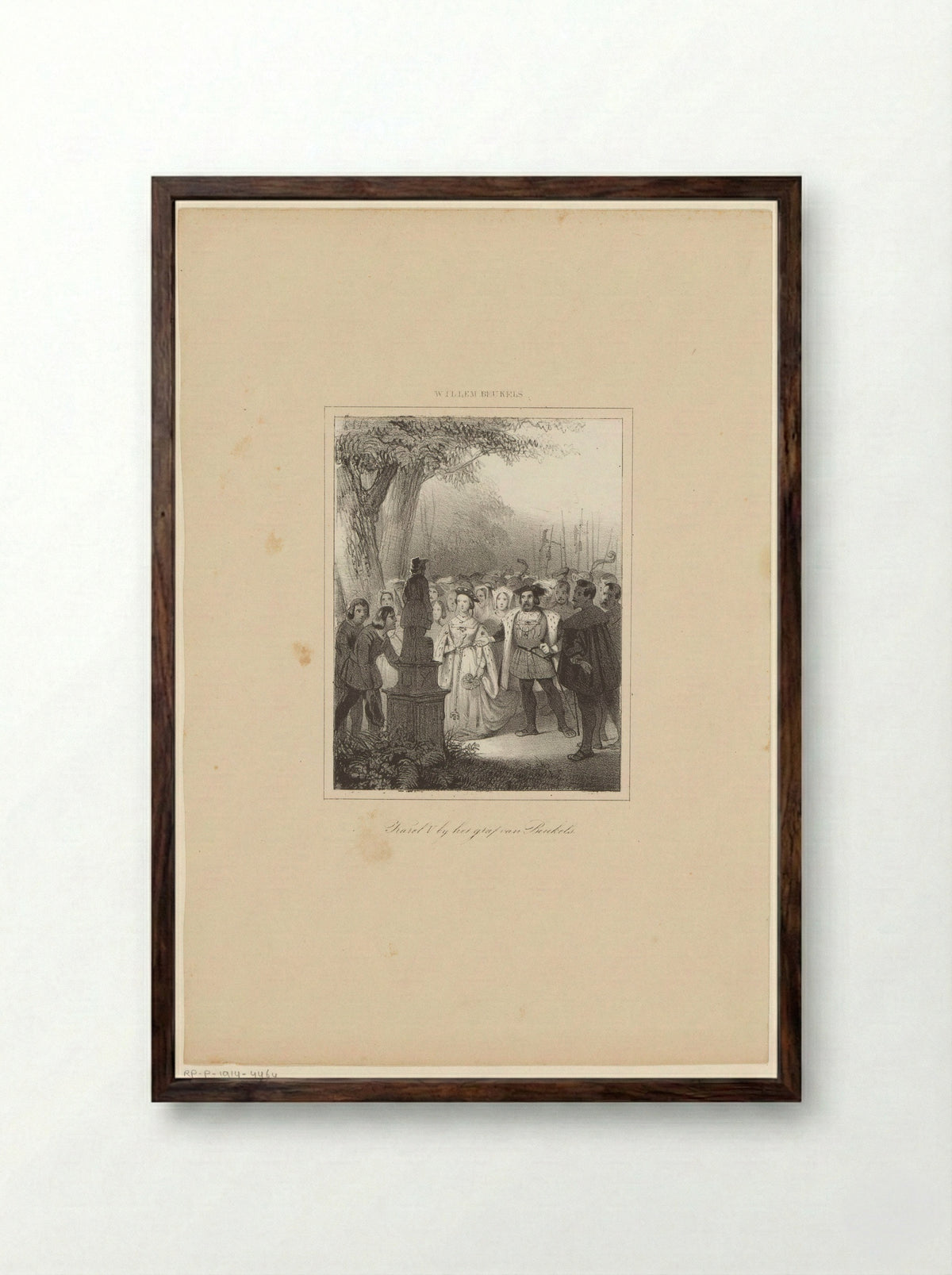 Keizer Karel V bezoekt het graf van Willem Beukels - Nederlandsche Maatschappij van Schoone Kunsten - Framed Print Dark Wood