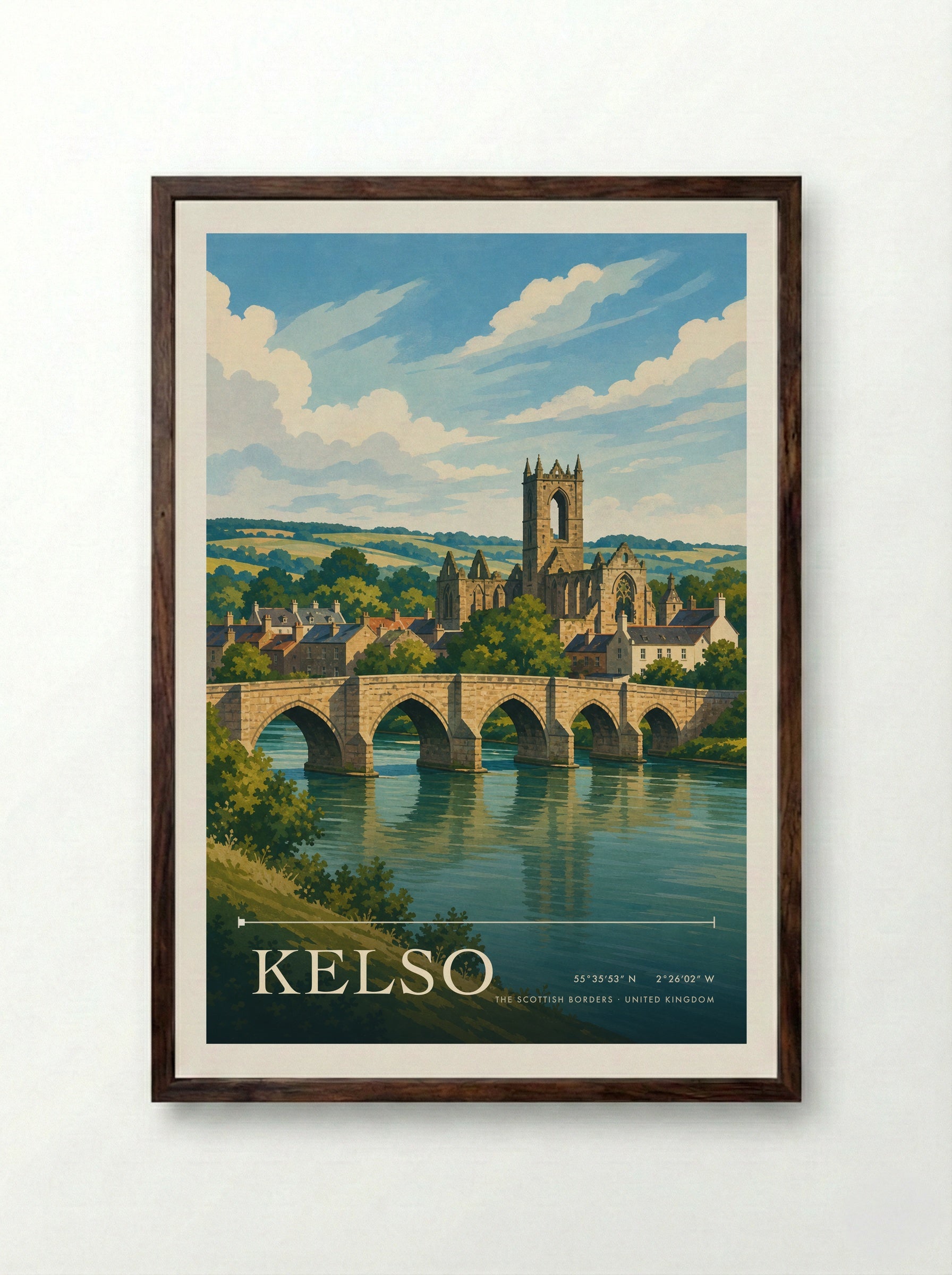 Kelso The Scottish Borders United Kingdom Travel Poster - Framed Print Dark Wood