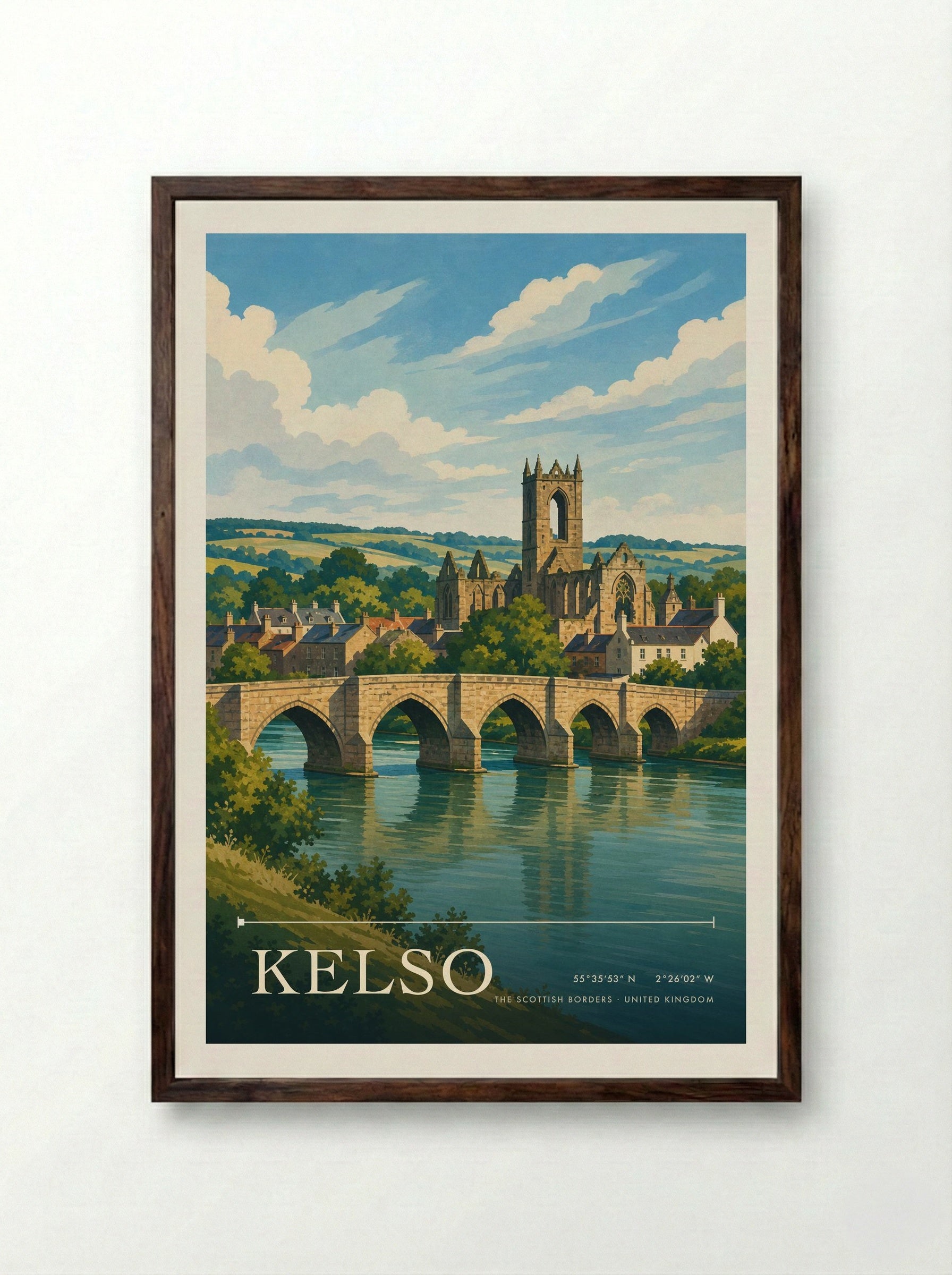 Kelso The Scottish Borders United Kingdom Travel Poster - Framed Print Dark Wood
