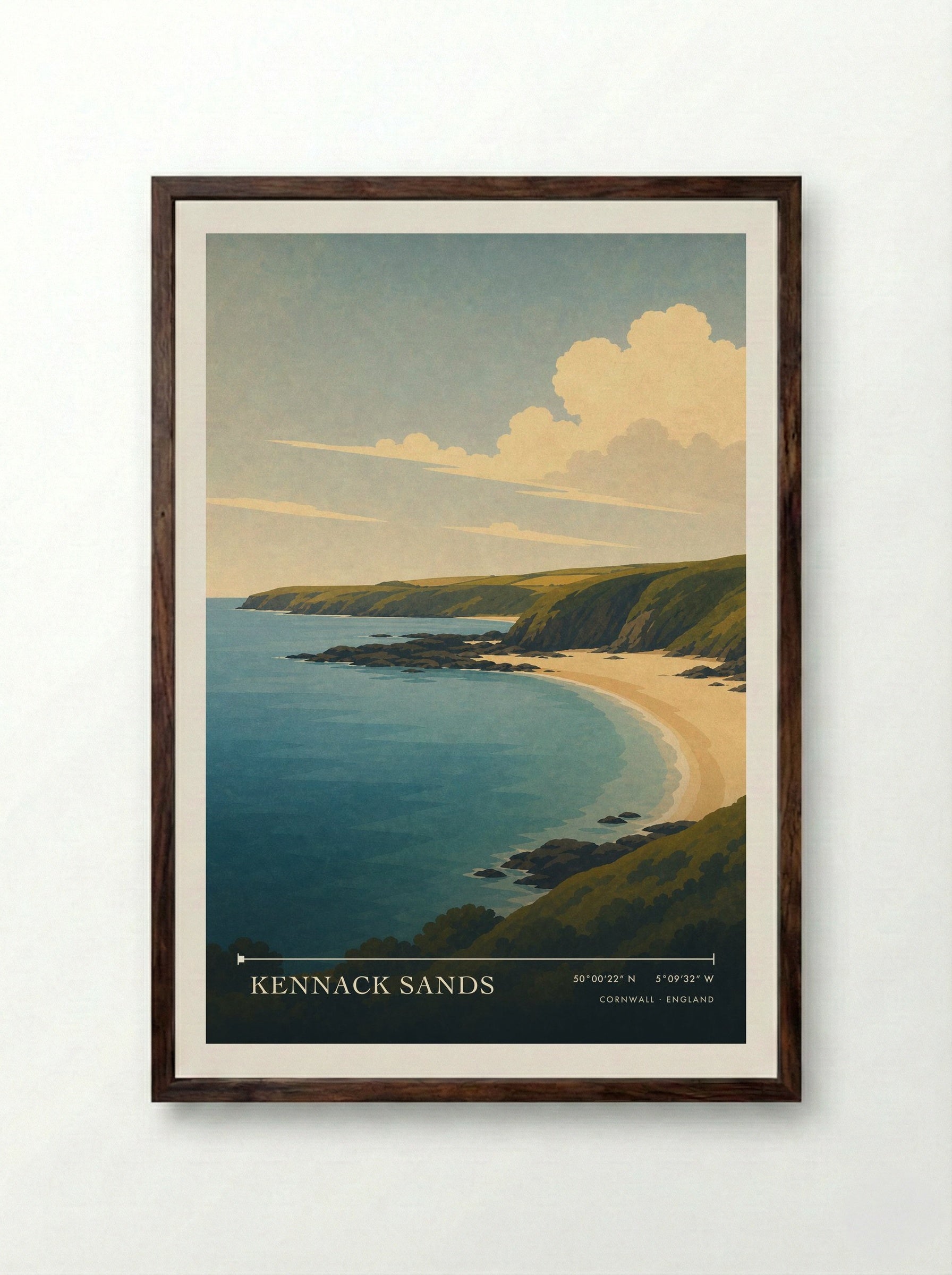 Kennack Sands Cornwall England Travel Poster - Framed Print Dark Wood