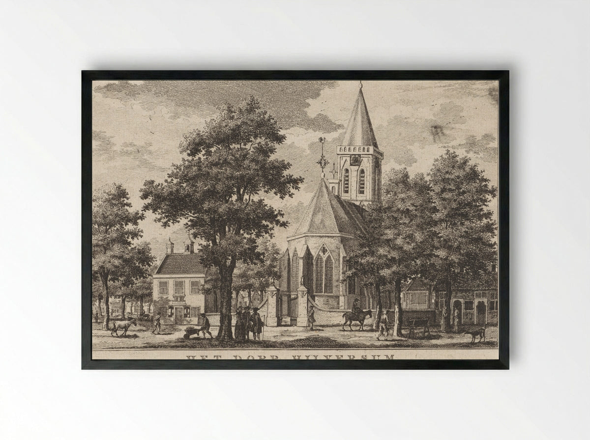 Kerk en Rechthuis te Hilversum in 1762 - Willem Writs - Framed Print Black