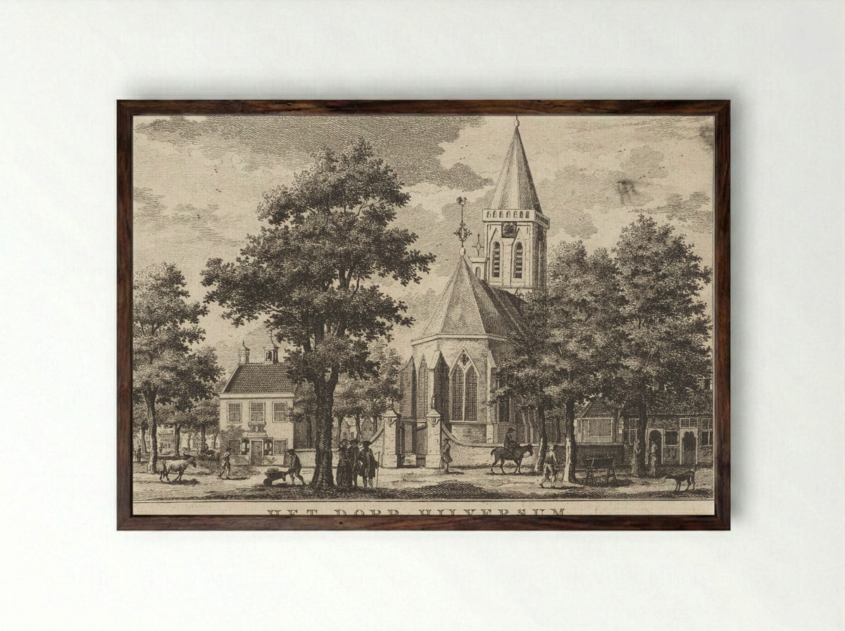 Kerk en Rechthuis te Hilversum in 1762 - Willem Writs - Framed Print Dark Wood
