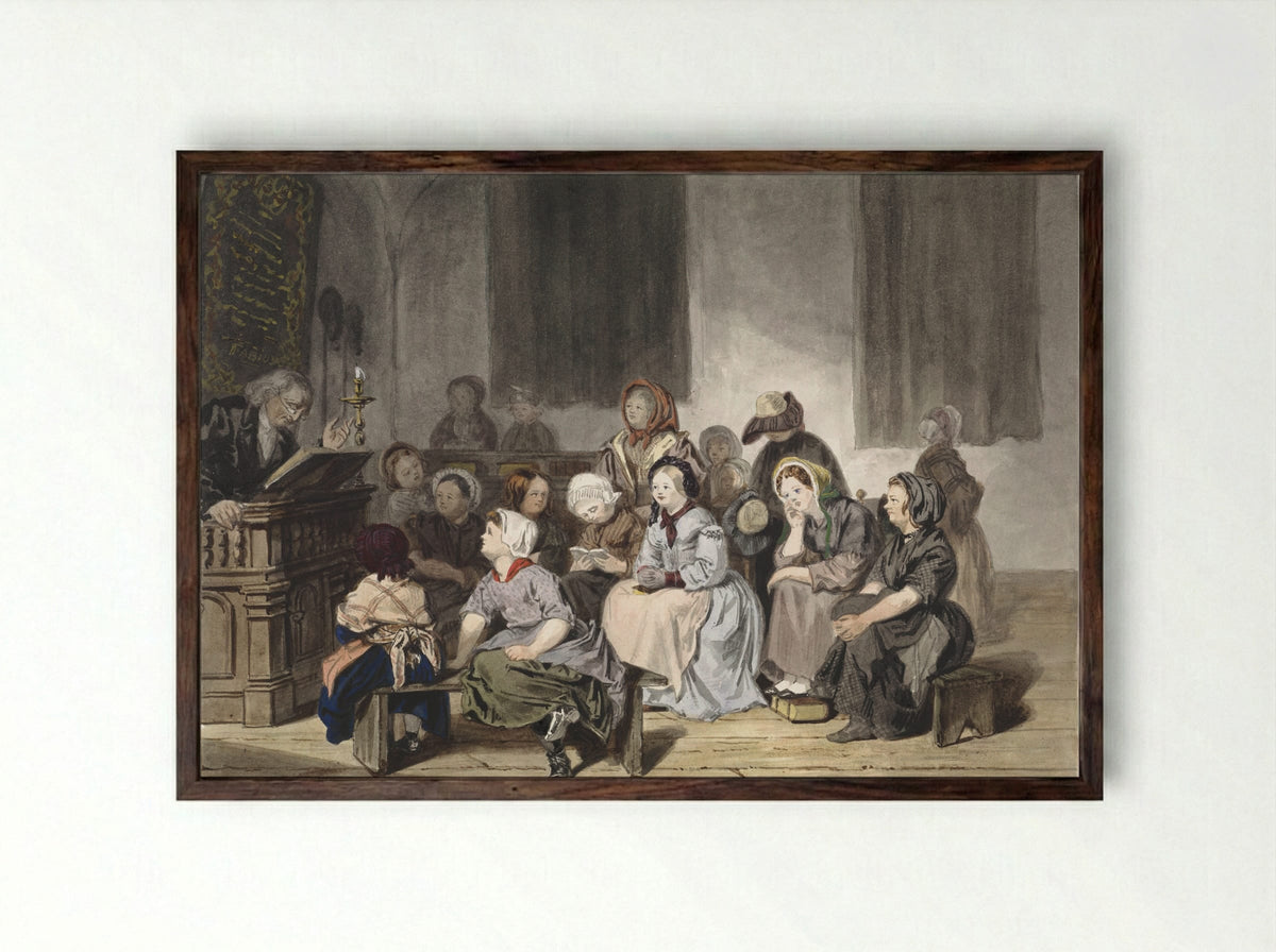 Kerkdienst met meisjes - Jan Fabius Czn - Framed Print Dark Wood