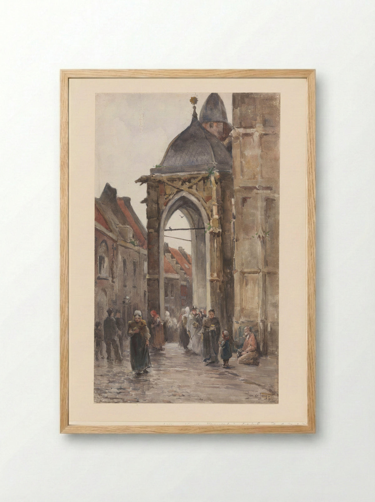 Kerkgangers buiten een kerk - Jan de Jong - Framed Print Wood