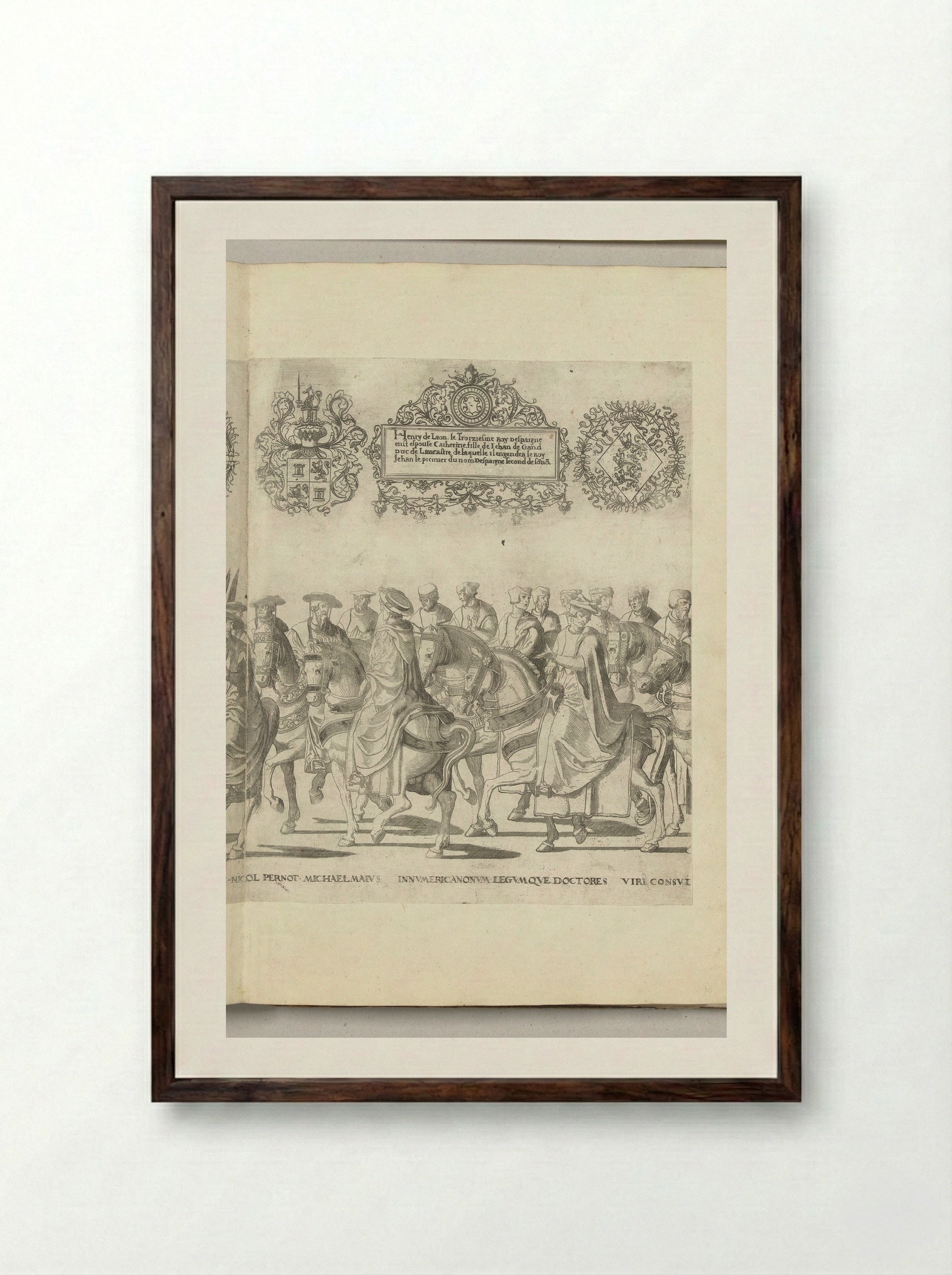 Kerkgeleerden waaronder Nicolas Perrenot de Granvelle en Michele Maio, plaat [GG] - Nicolaas Hogenberg - Framed Print Dark Wood