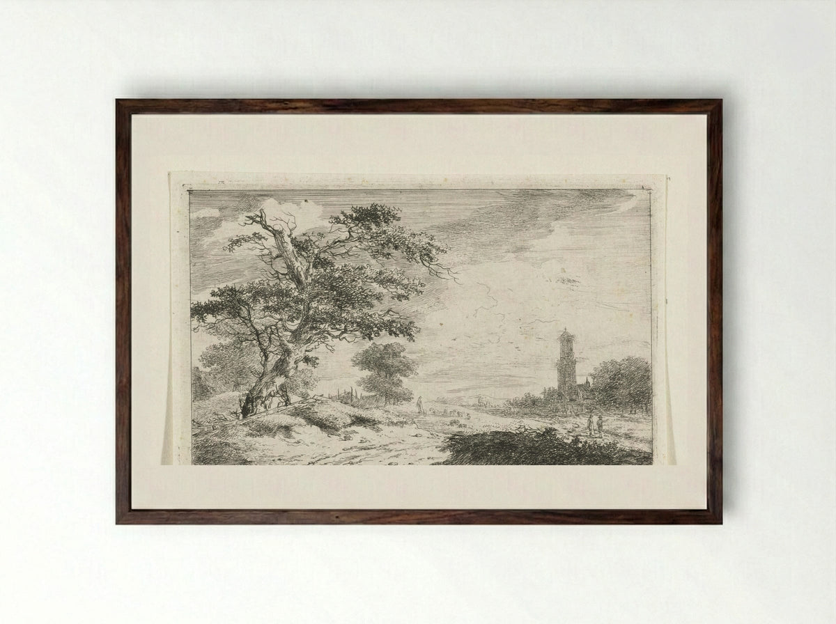 Kerktoren bij zandvlakte - Hermanus van Brussel - Framed Print Dark Wood