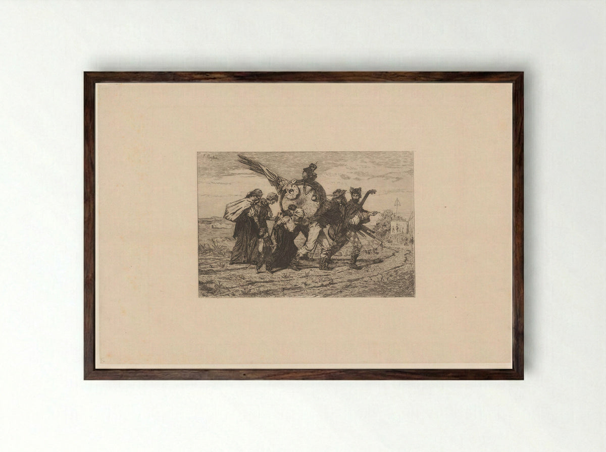 Kermisgezelschap op een landweg met verderop een dorpskermis - Félicien Rops - Framed Print Dark Wood
