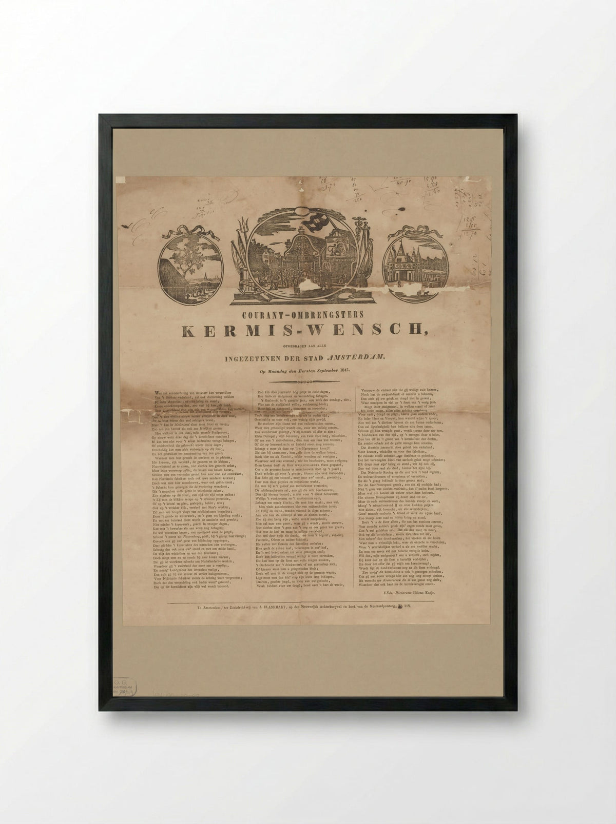 Kermisprent van de Amsterdamse courantombrengsters voor het jaar 1845 - Floris May - Framed Print Black