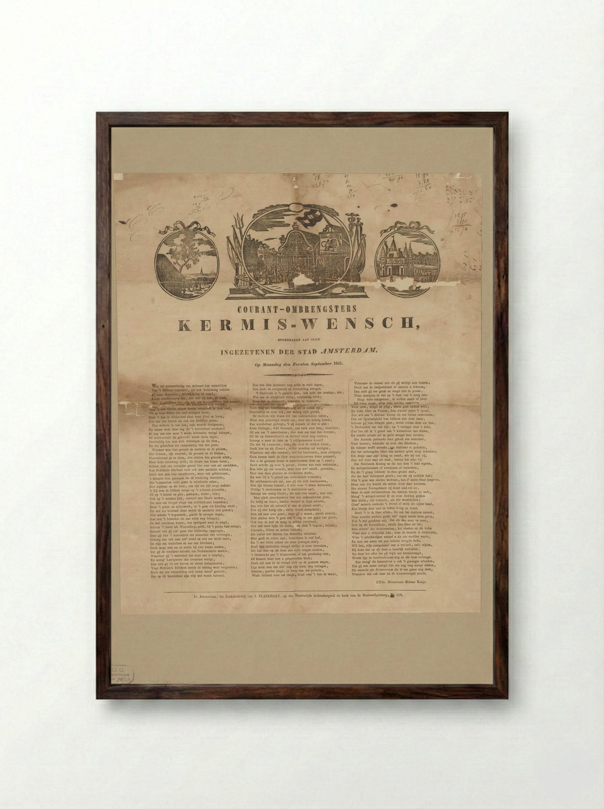 Kermisprent van de Amsterdamse courantombrengsters voor het jaar 1845 - Floris May - Framed Print Dark Wood