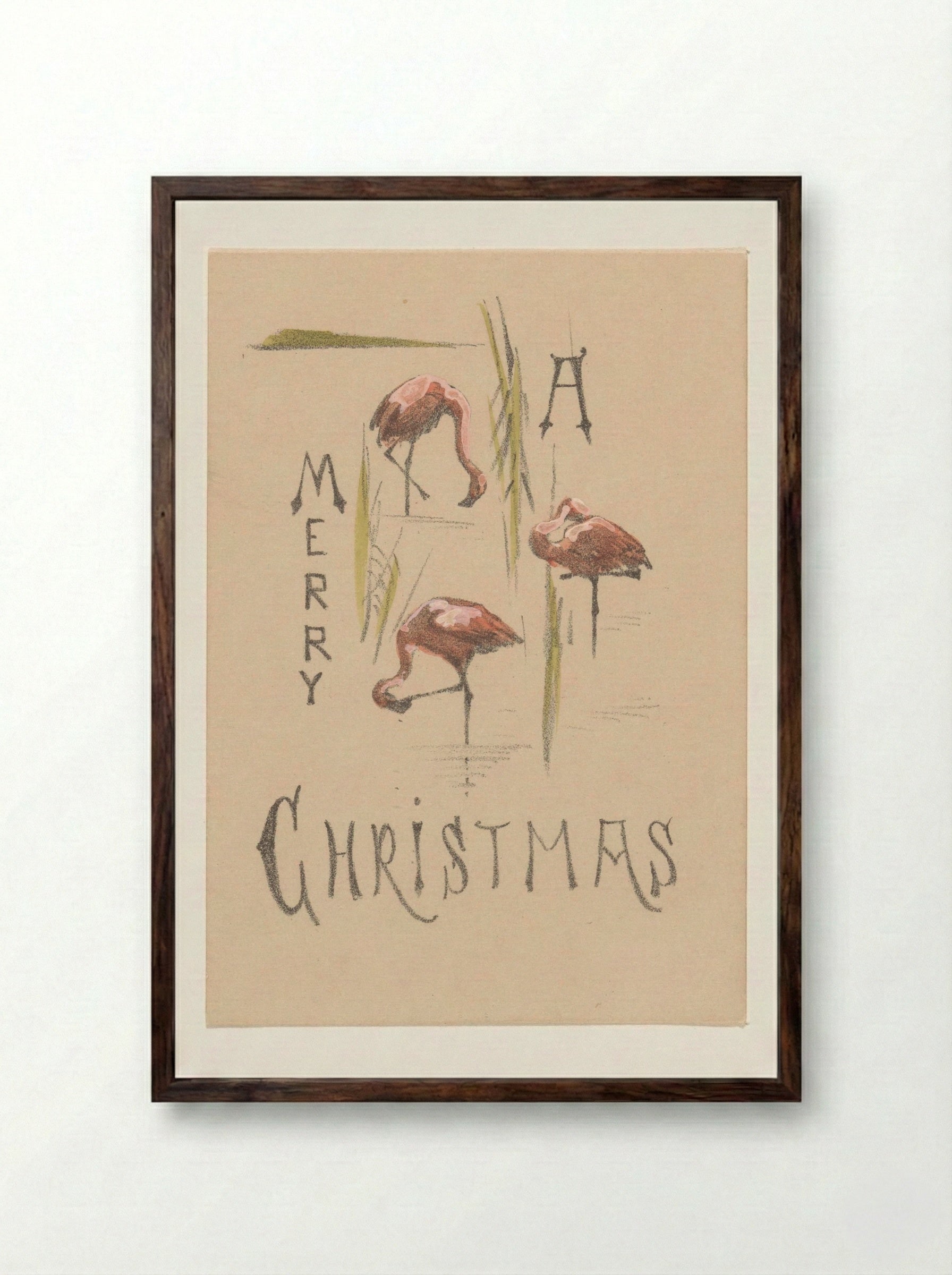 Kerstkaart met drie flamingo's - Theo van Hoytema - Framed Print Dark Wood