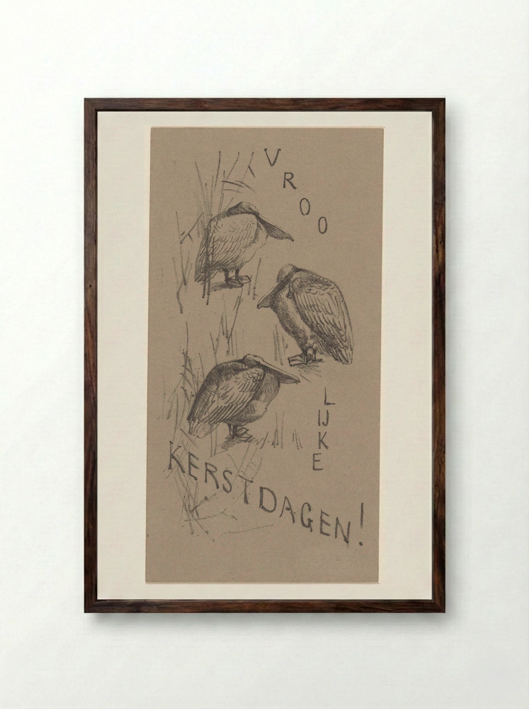 Kerstkaart met drie pelikanen - Theo van Hoytema - Framed Print Dark Wood