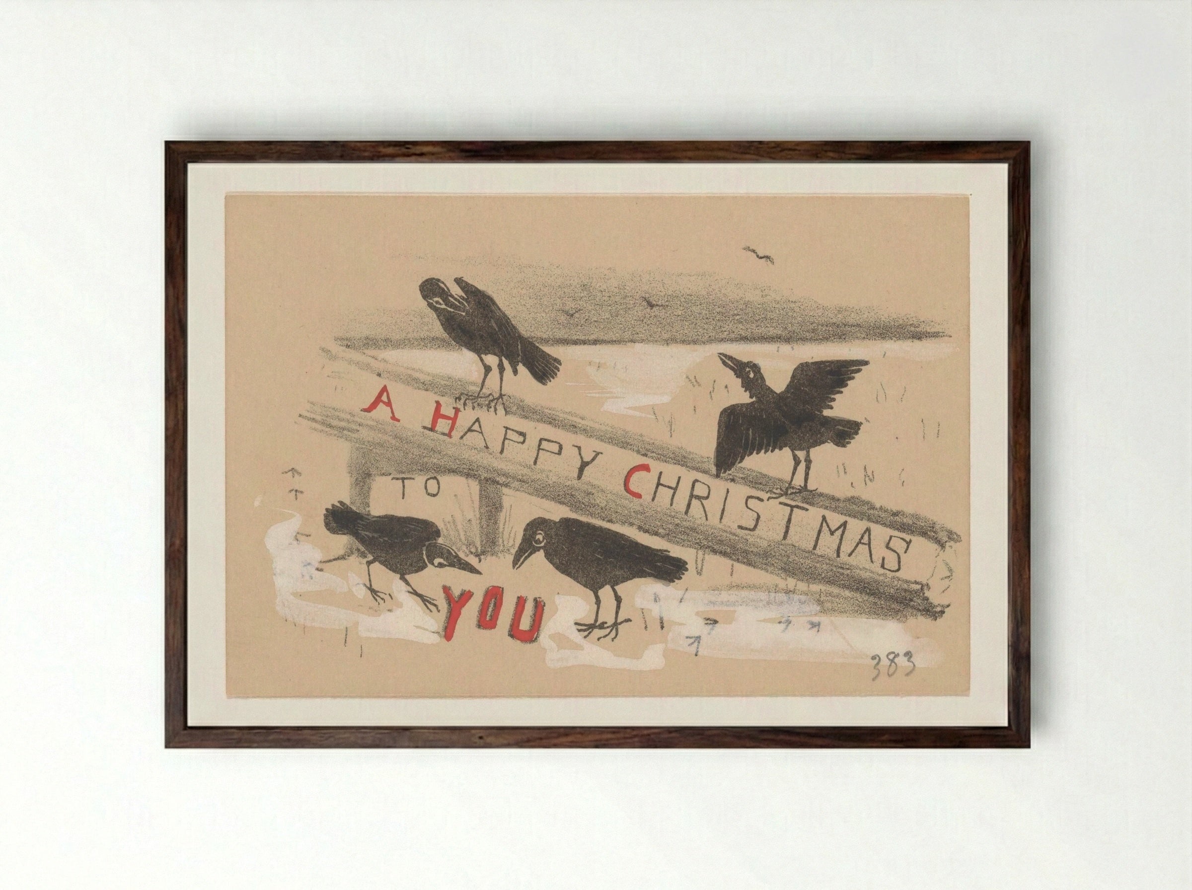 Kerstkaart met vier kraaien - Theo van Hoytema - Framed Print Dark Wood