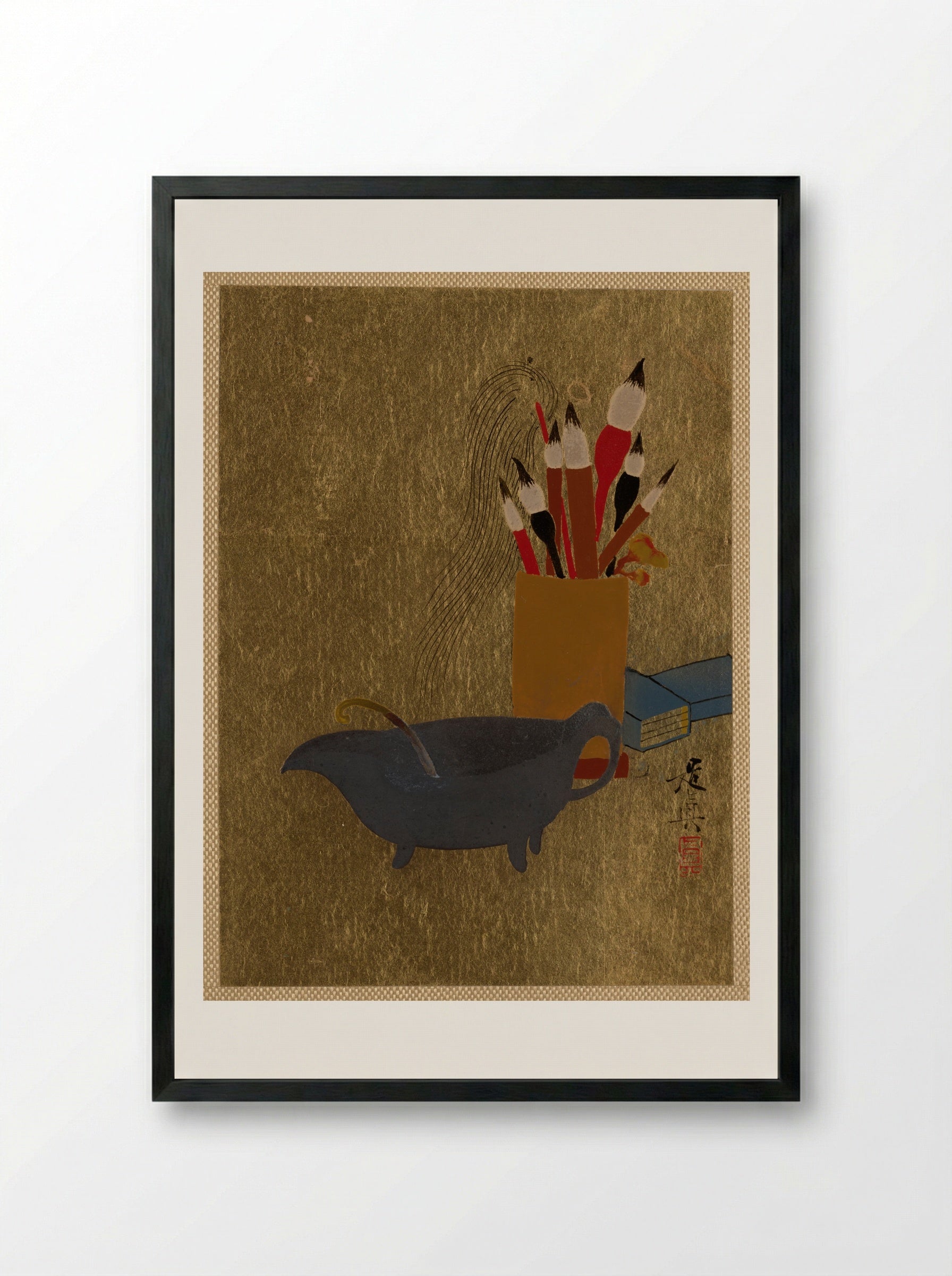 Kettle and Box with Paint Brushes - Shibata Zeshin - Framed Print Black