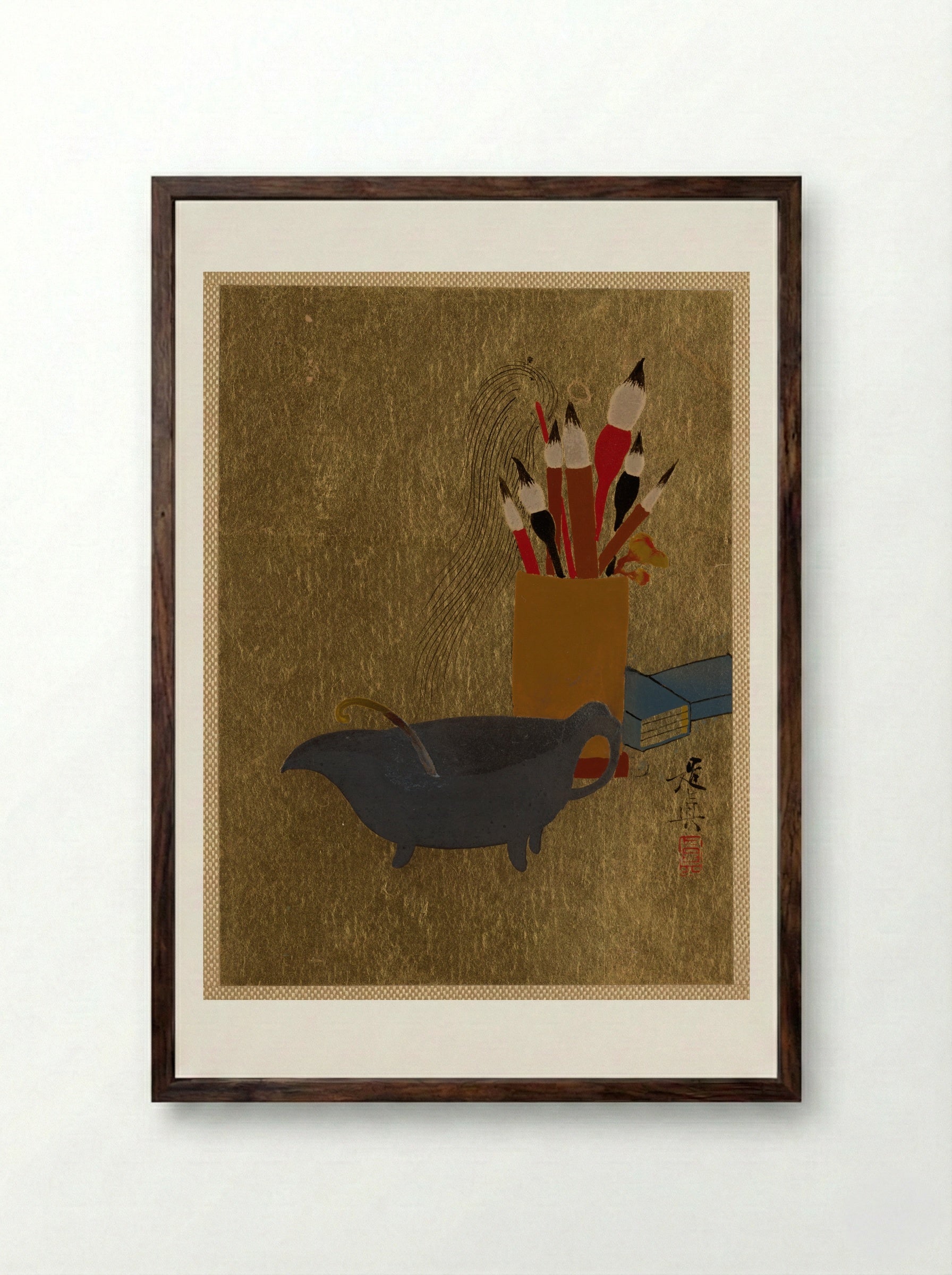 Kettle and Box with Paint Brushes - Shibata Zeshin - Framed Print Dark Wood