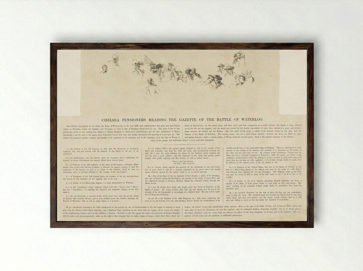 Key to the Chelsea Pensioners Reading the Gazette of the Battle of Waterloo - William Greatbach - Framed Print Dark Wood
