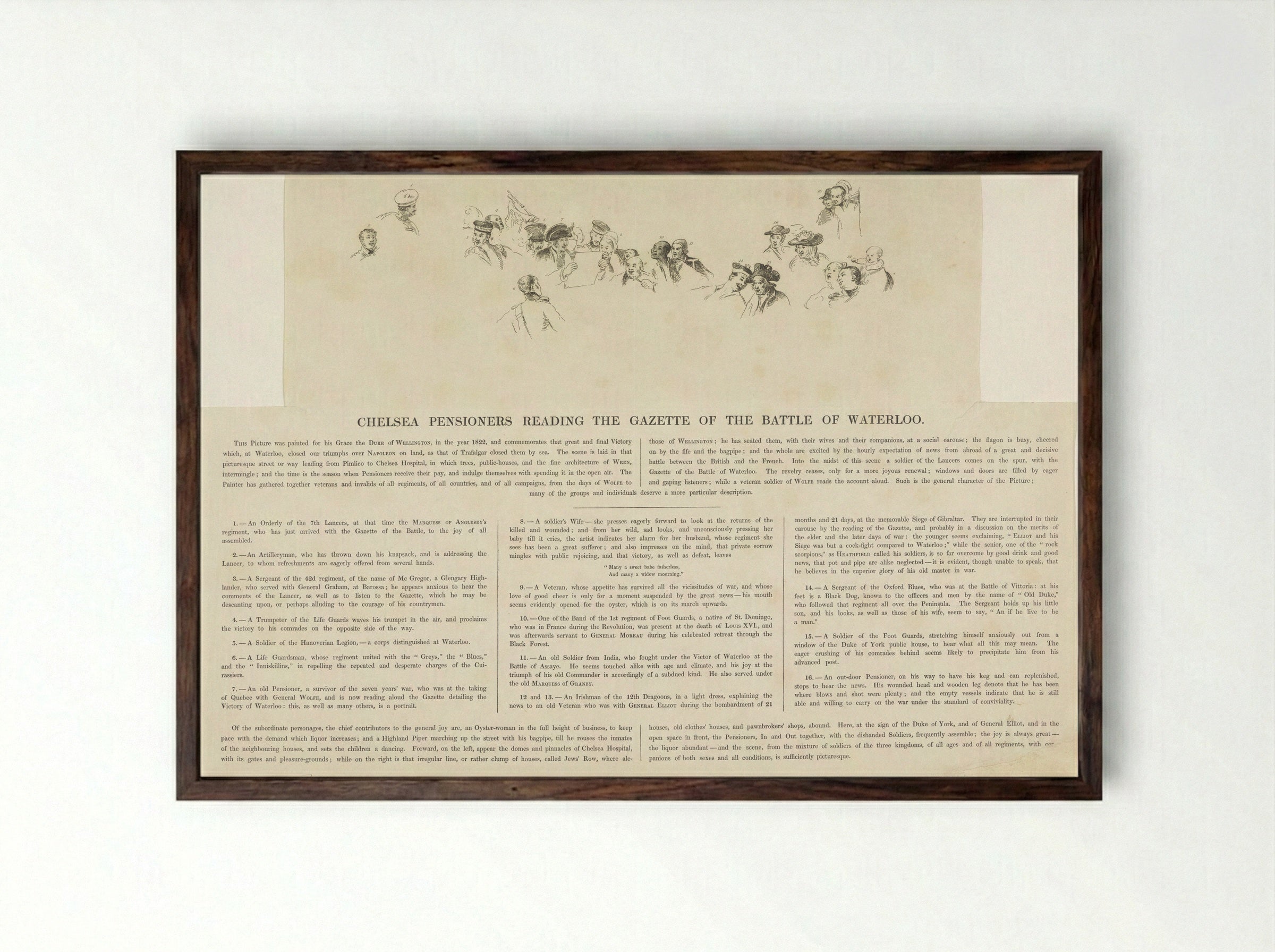 Key to the Chelsea Pensioners Reading the Gazette of the Battle of Waterloo - William Greatbach - Framed Print Dark Wood