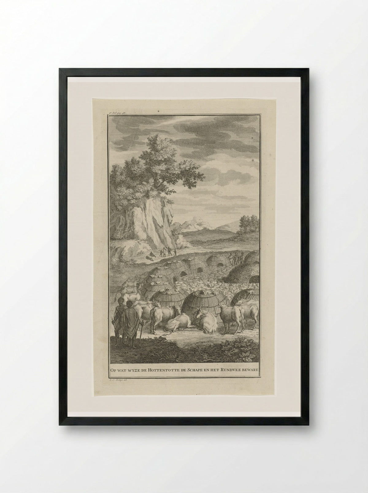 Khoikhoi bij een kraal met hun vee - Jan Caspar Philips - Framed Print Black