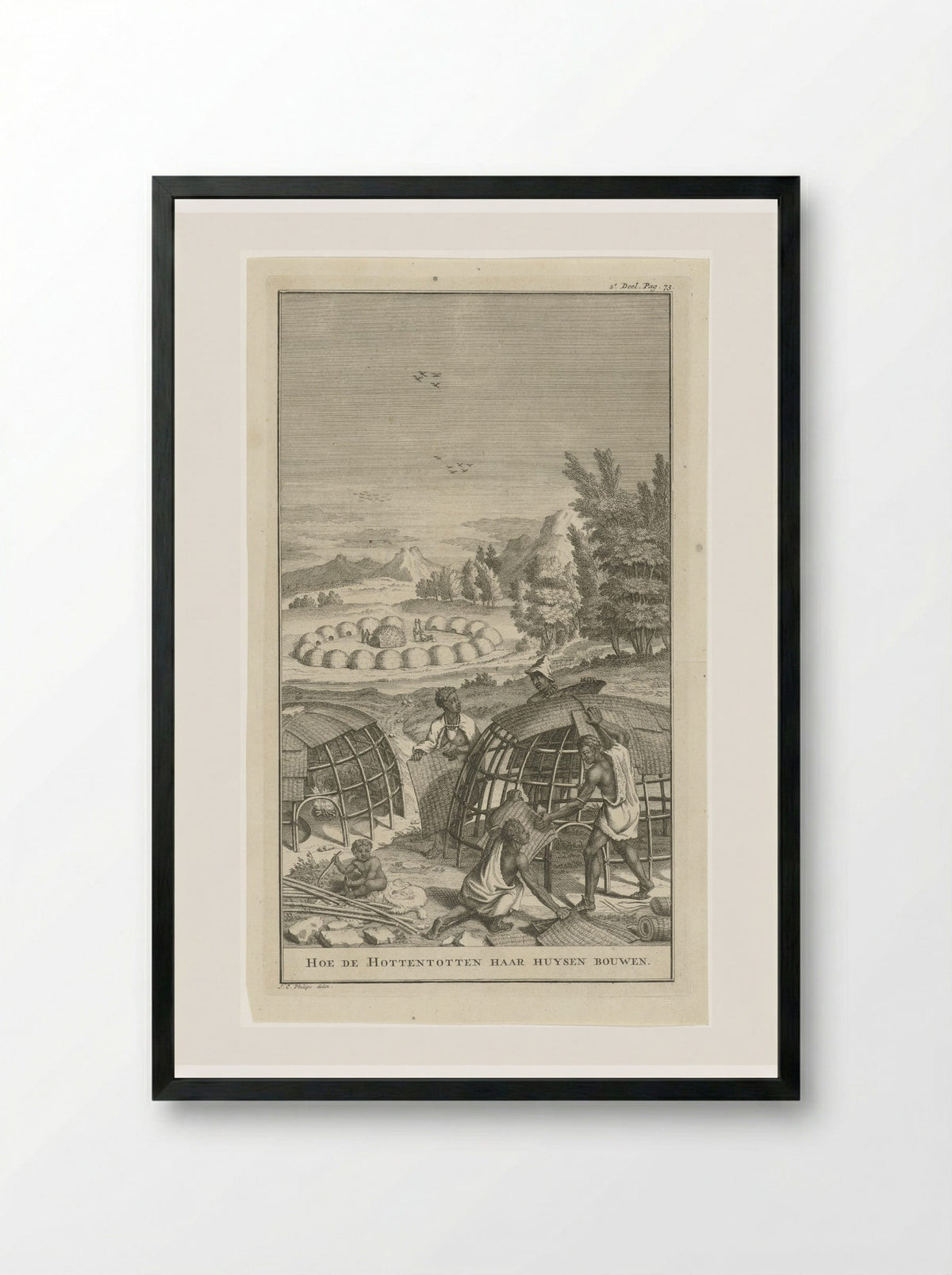 Khoikhoi bouwen een hut - Jan Caspar Philips - Framed Print Black