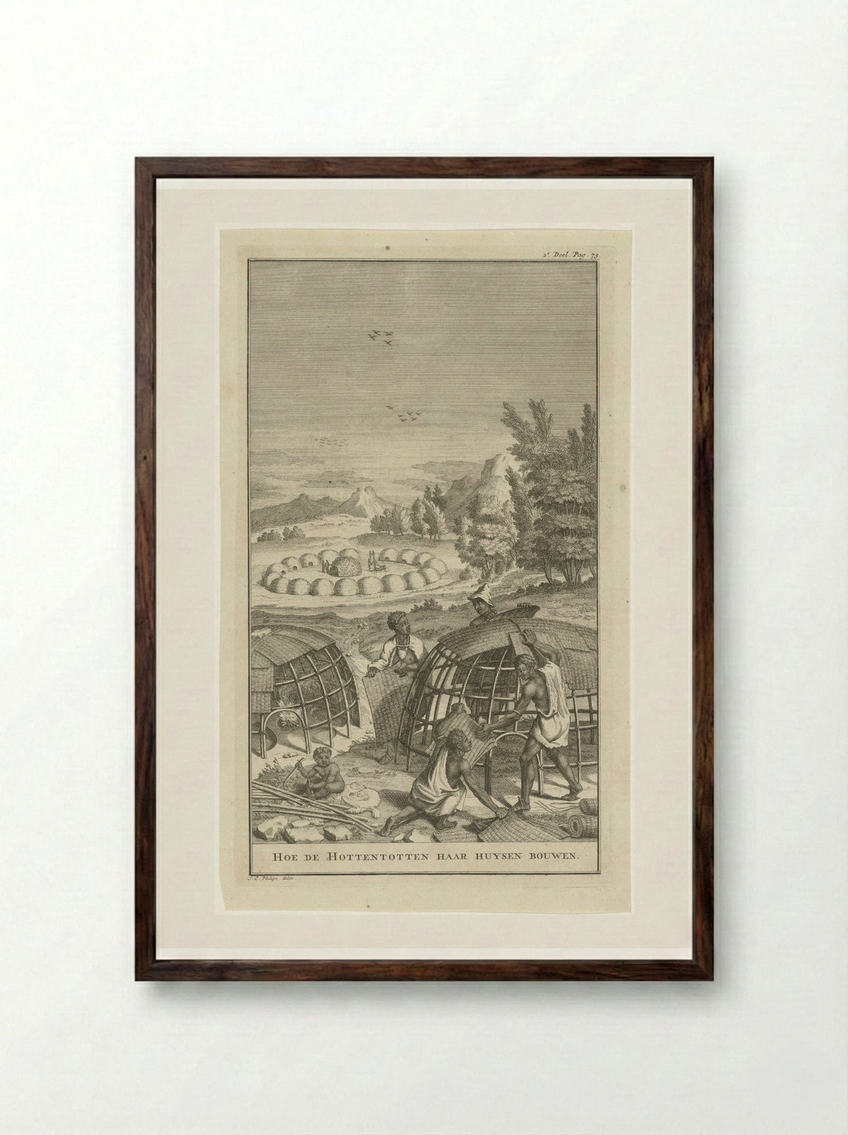 Khoikhoi bouwen een hut - Jan Caspar Philips - Framed Print Dark Wood