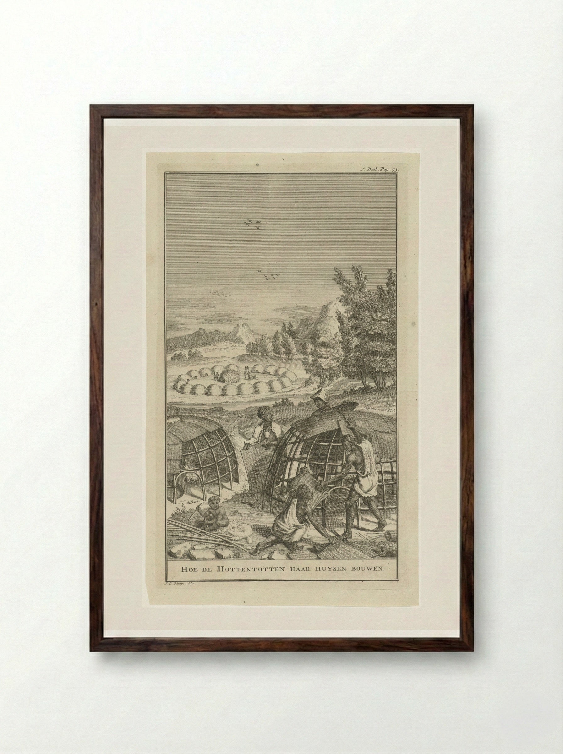 Khoikhoi bouwen een hut - Jan Caspar Philips - Framed Print Dark Wood