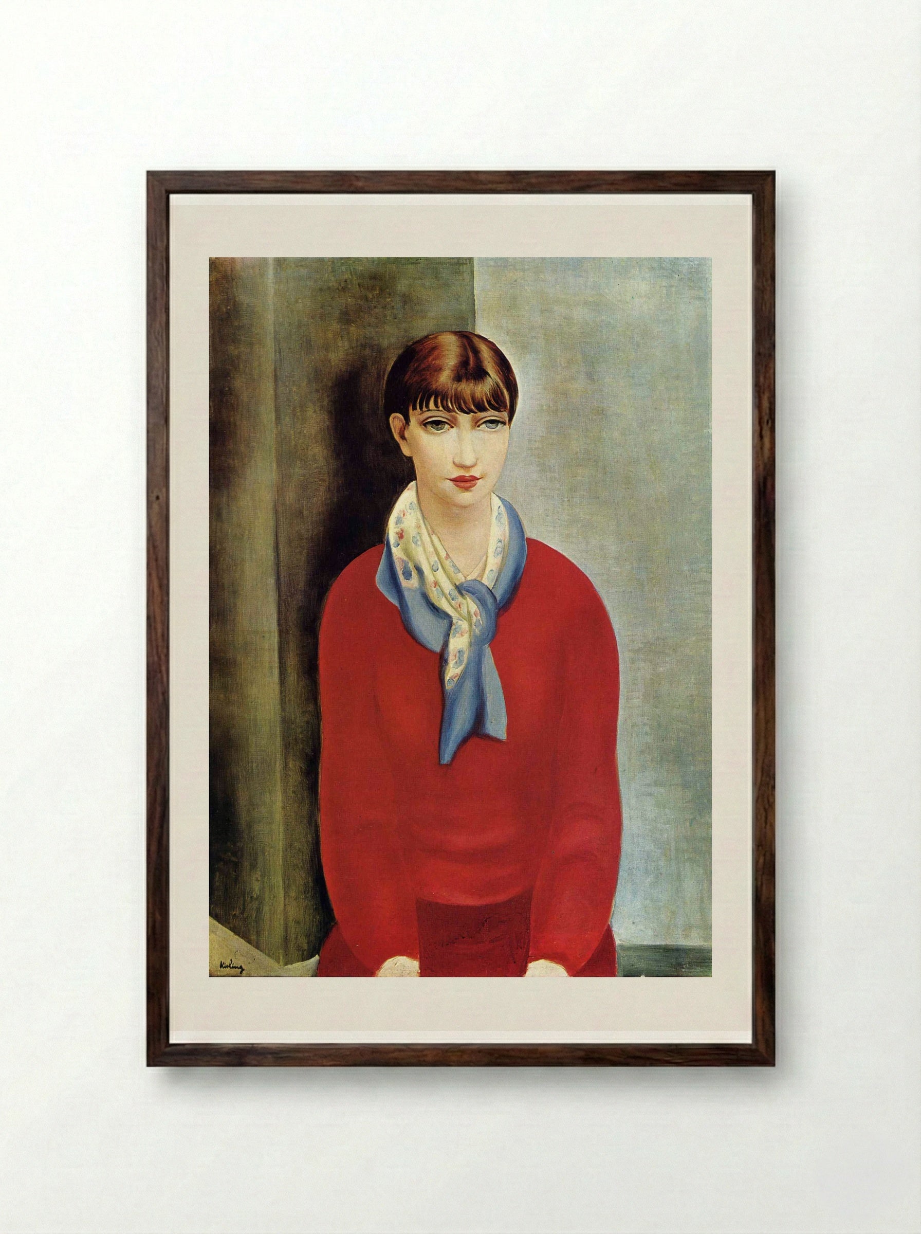 Kiki de Montparnasse in a red jumper and a blue scarf - Moïse Kisling - Framed Print Dark Wood