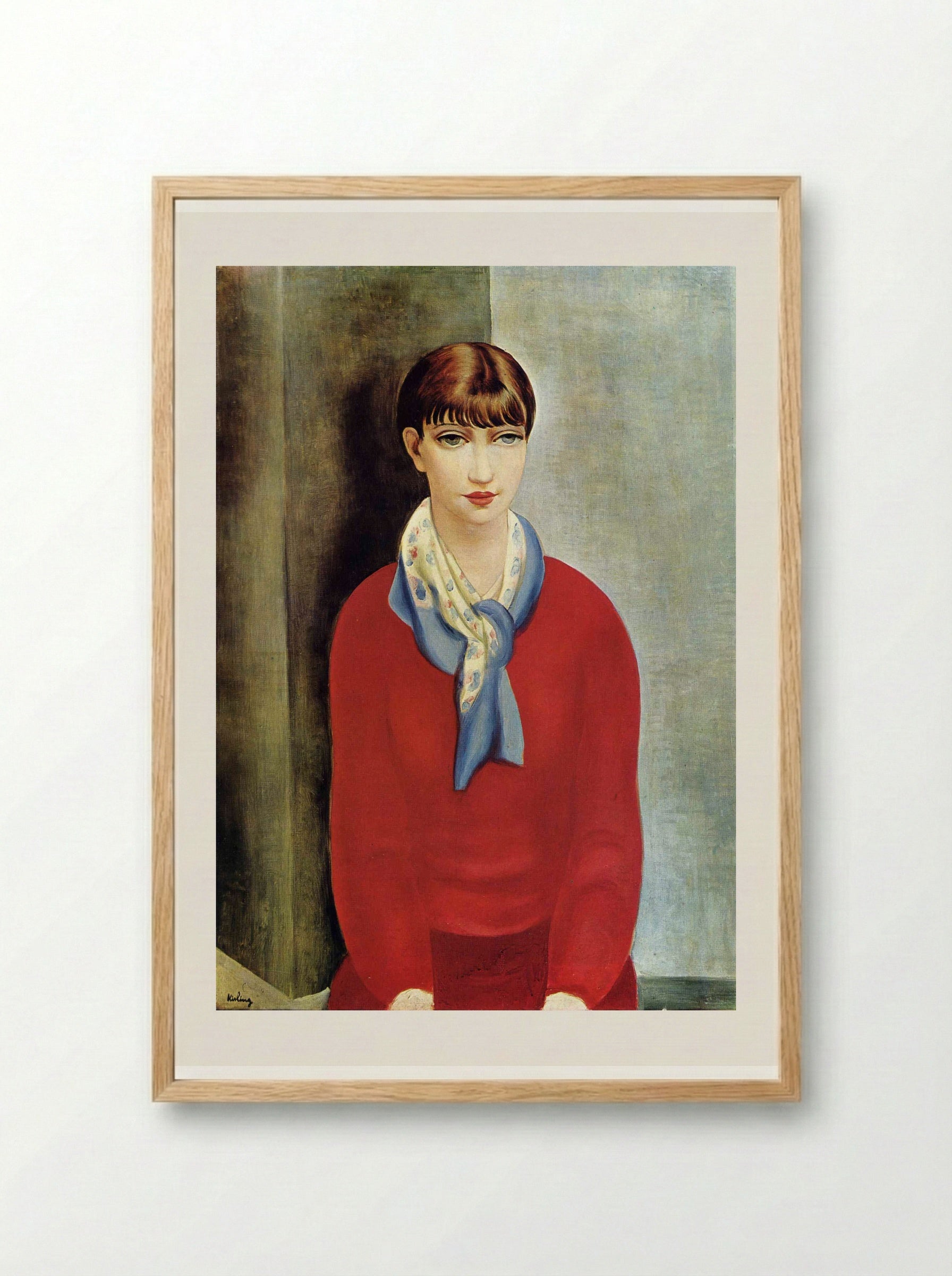 Kiki de Montparnasse in a red jumper and a blue scarf - Moïse Kisling - Framed Print Wood