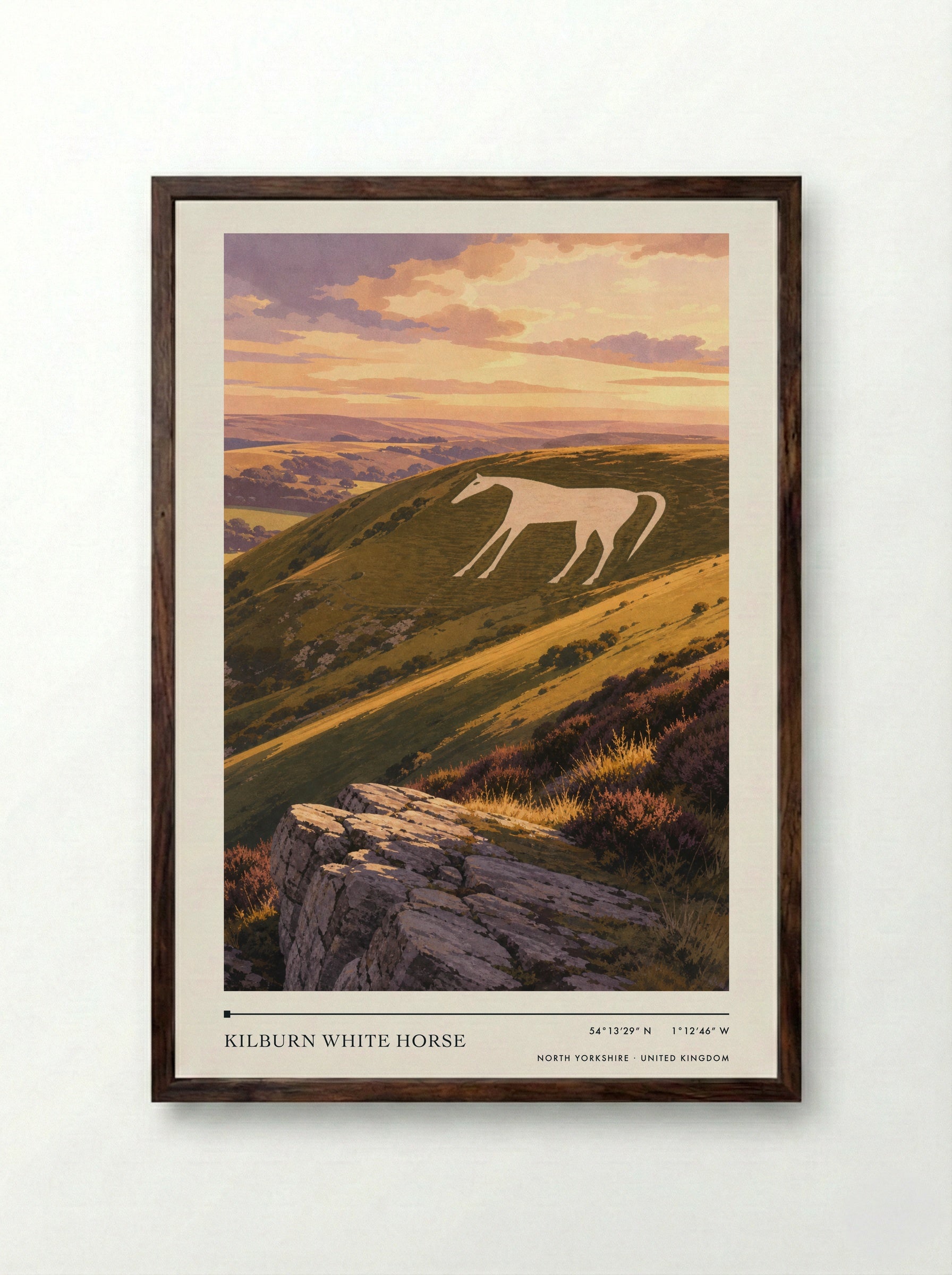 Kilburn White Horse North Yorkshire United Kingdom Travel Poster - Framed Print Dark Wood