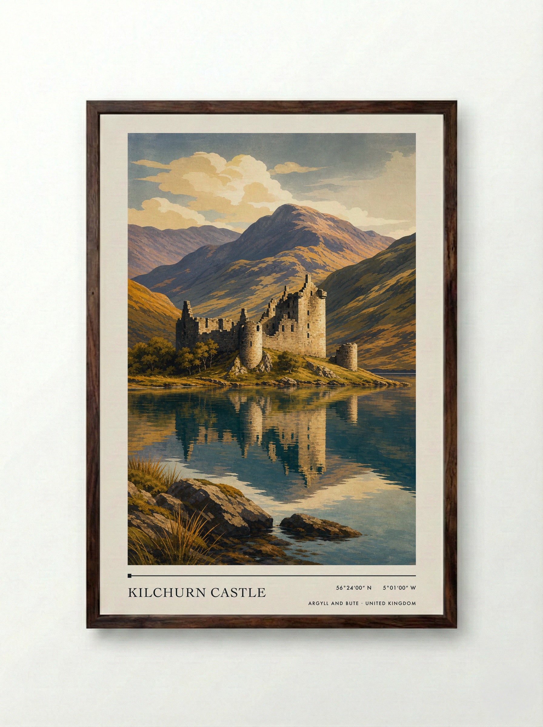 Kilchurn Castle Argyll and Bute United Kingdom Travel Poster - Framed Print Dark Wood