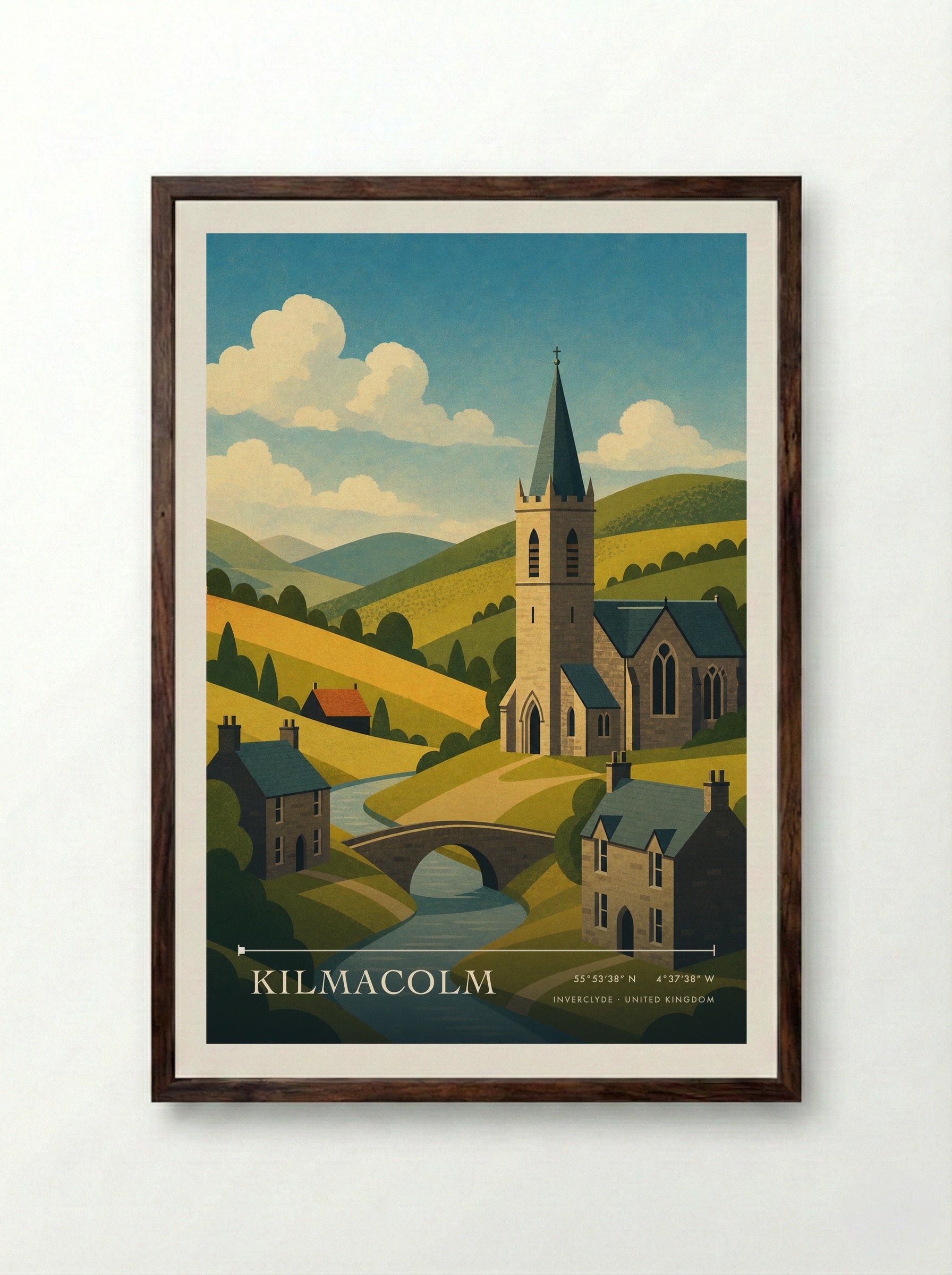 Kilmacolm Inverclyde United Kingdom Travel Poster - Framed Print Dark Wood