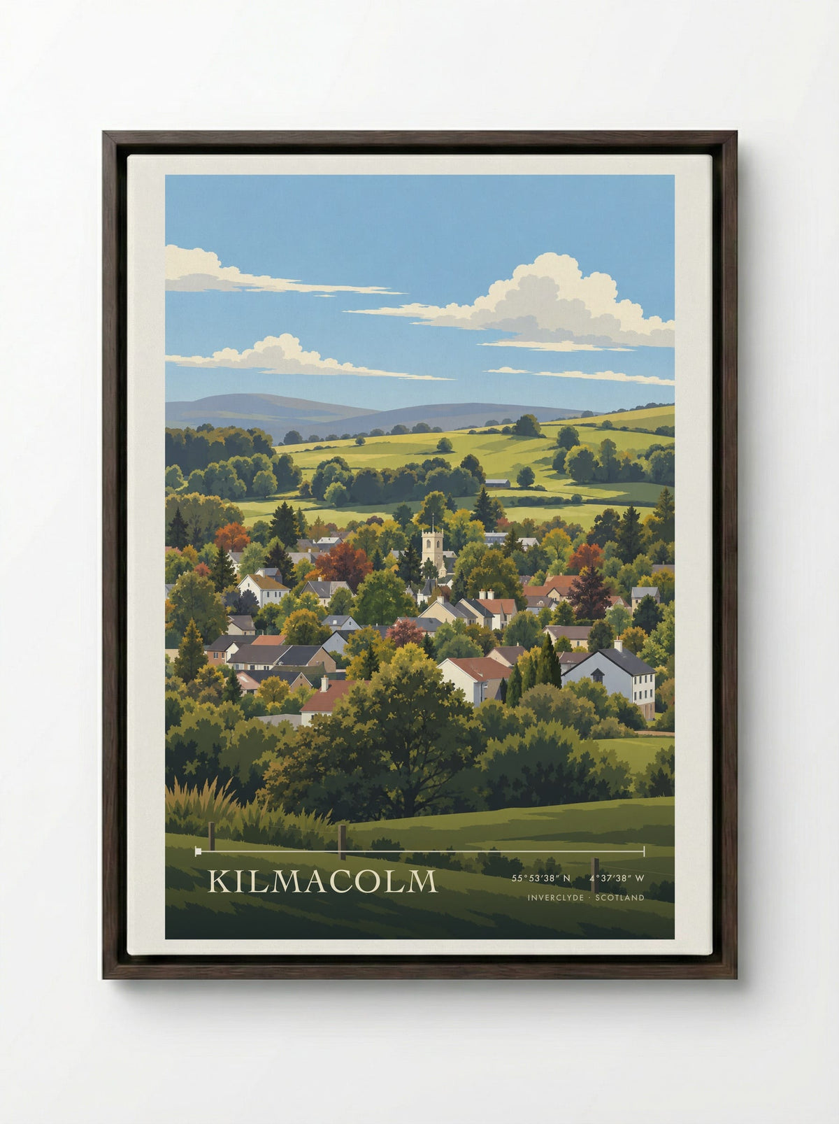 Kilmacolm, Inverclyde | Travel Poster - Framed Canvas Dark Wood