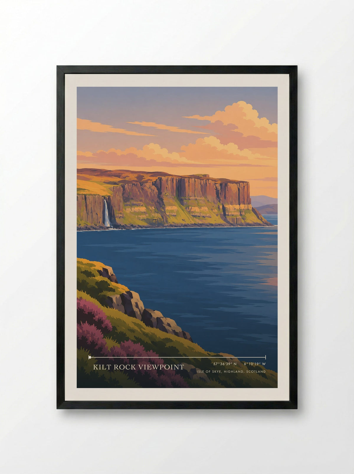 Kilt Rock Viewpoint, Isle of Skye, Highland, Scotland | Travel Poster - Framed Print Black