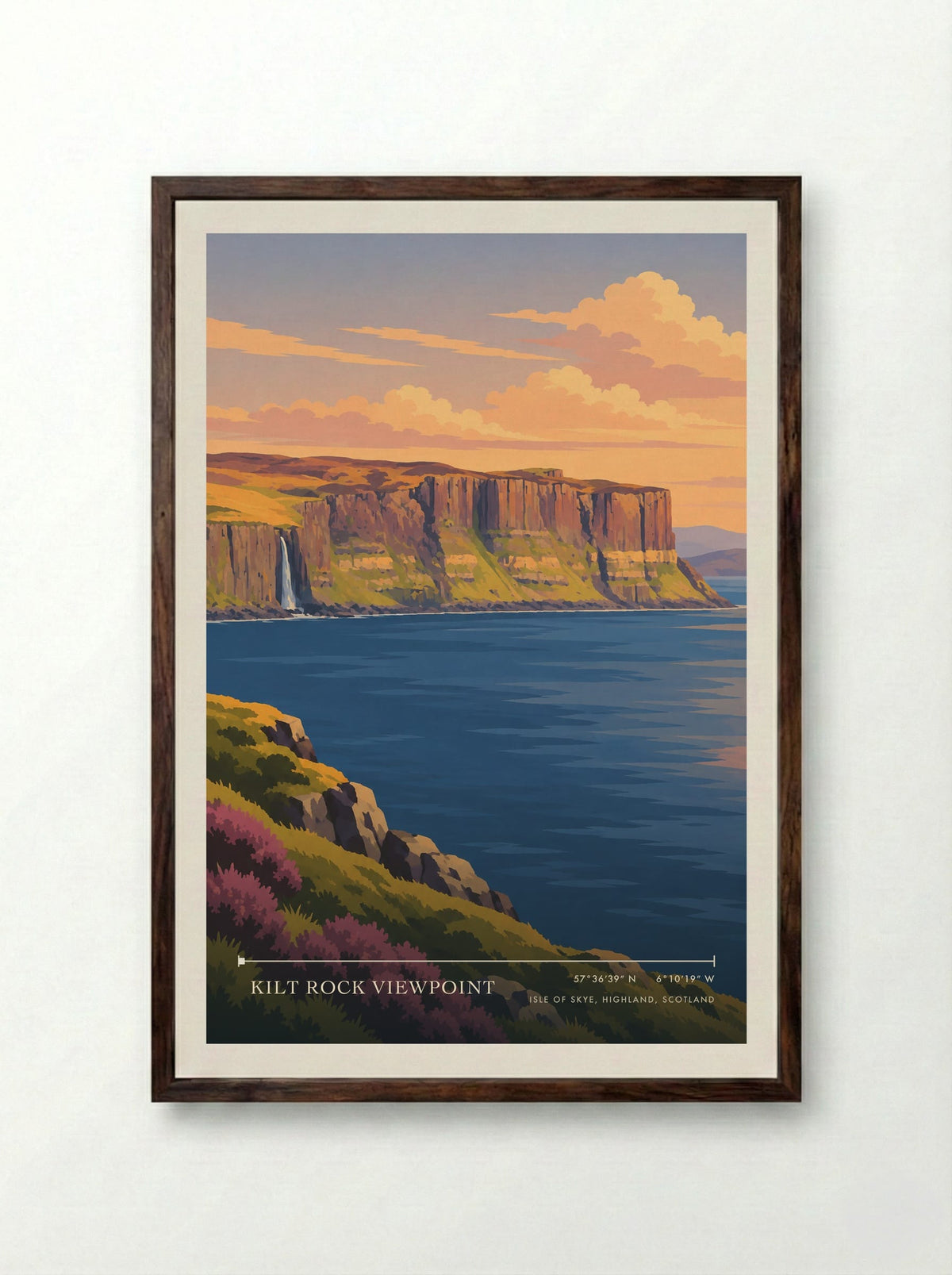 Kilt Rock Viewpoint, Isle of Skye, Highland, Scotland | Travel Poster - Framed Print Dark Wood