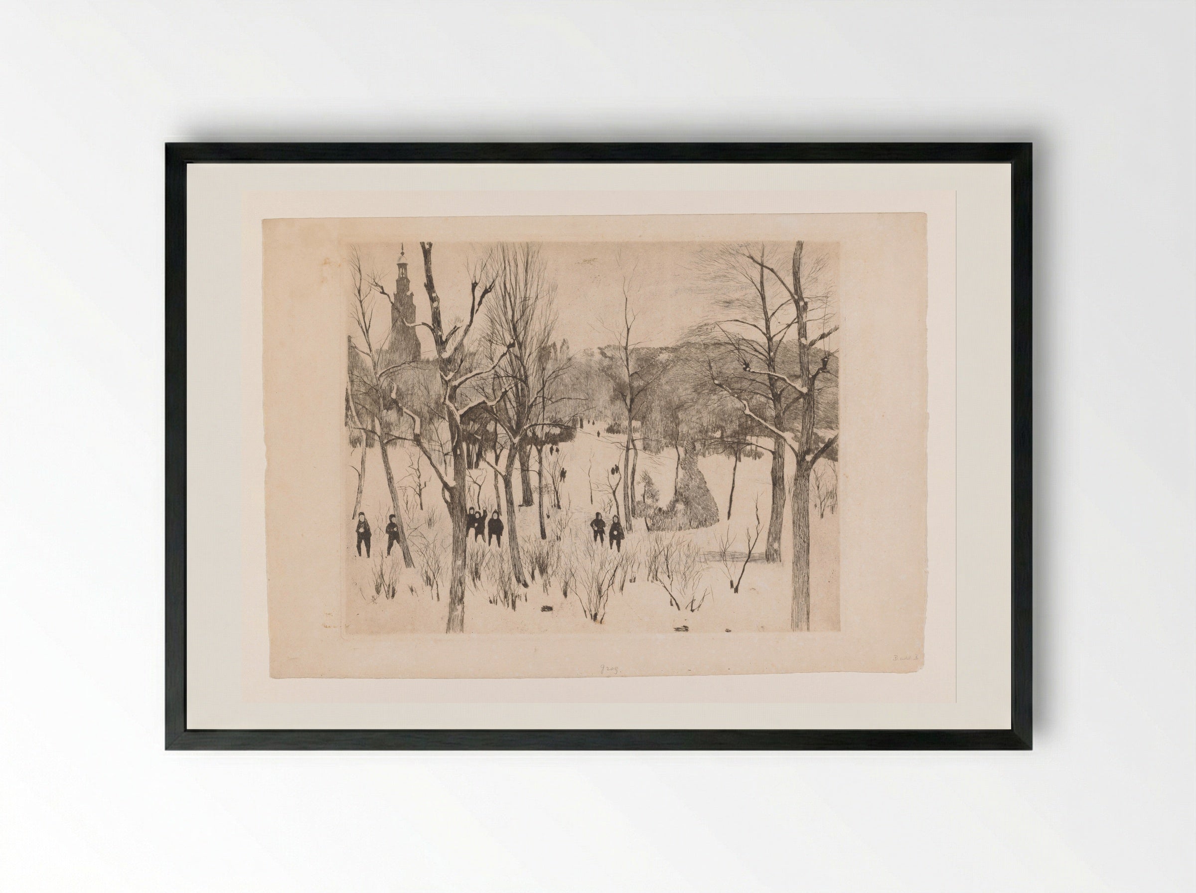 Kinderen spelen in de sneeuw in het Oosterpark in Amsterdam - Willem Witsen - Framed Print Black