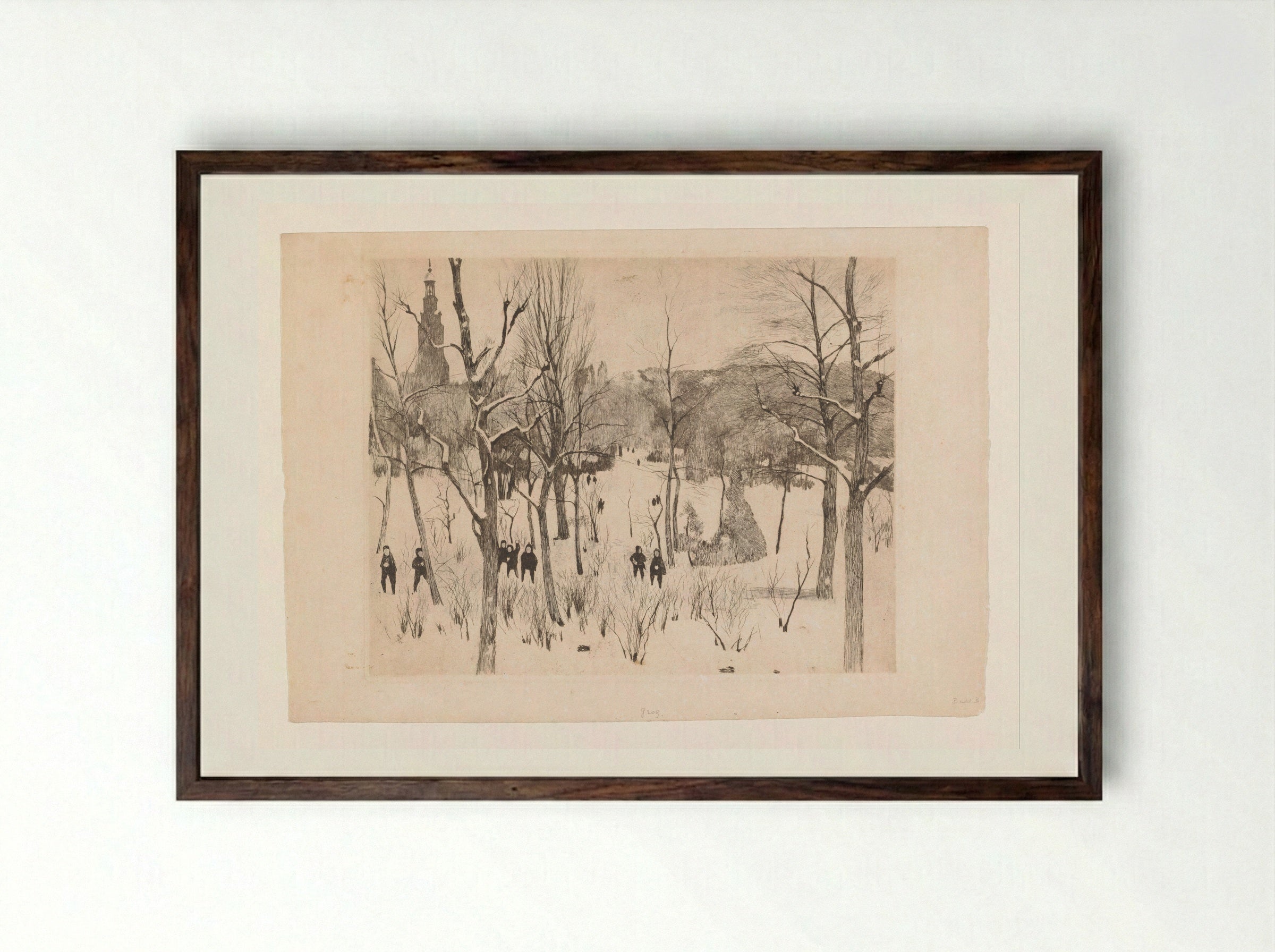 Kinderen spelen in de sneeuw in het Oosterpark in Amsterdam - Willem Witsen - Framed Print Dark Wood