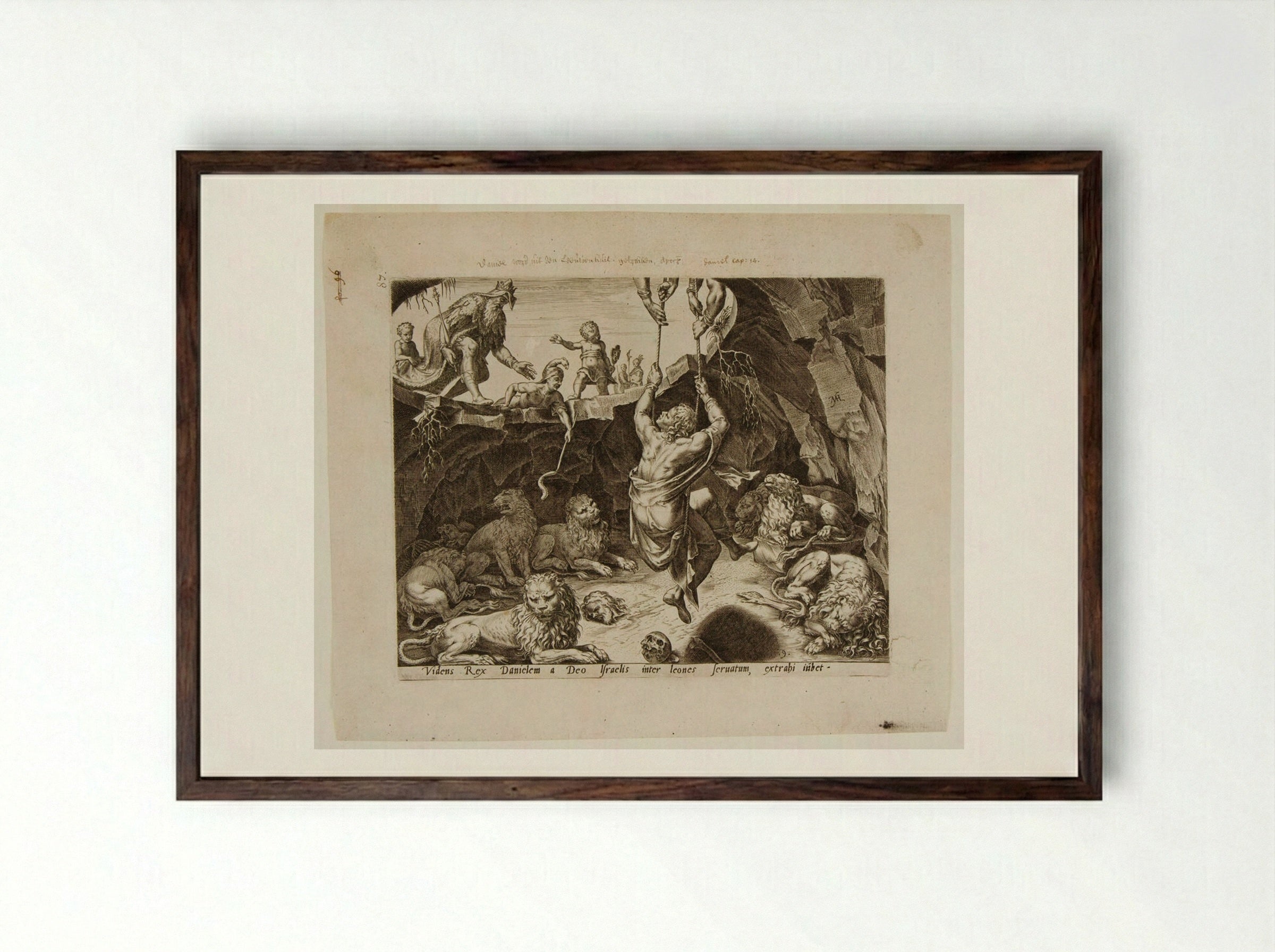 King Cyrus Rescues Daniel from the Lion's Den - Philips Galle - Framed Print Dark Wood