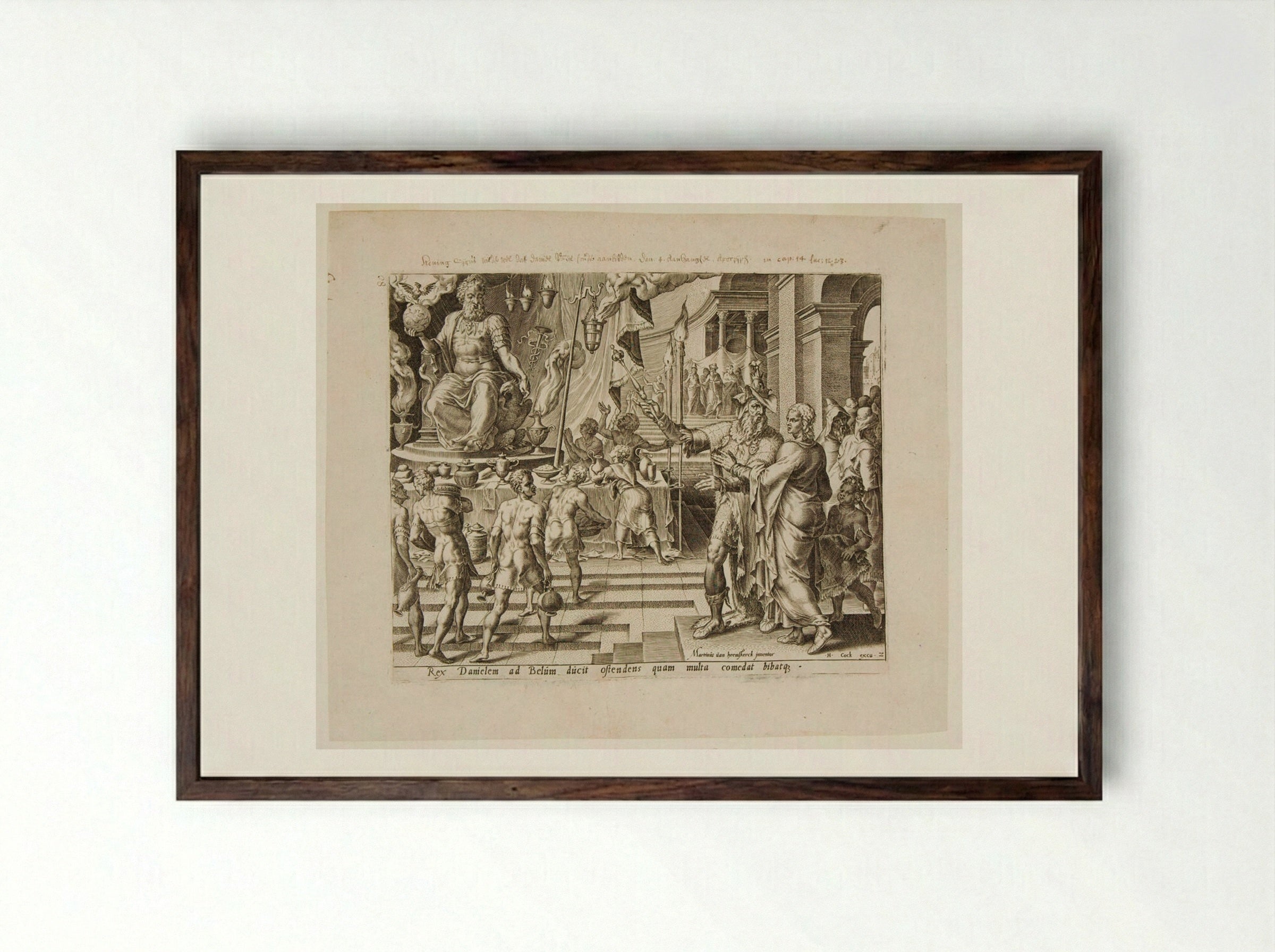 King Cyrus and the Priests Show Baal to Daniel - Philips Galle - Framed Print Dark Wood