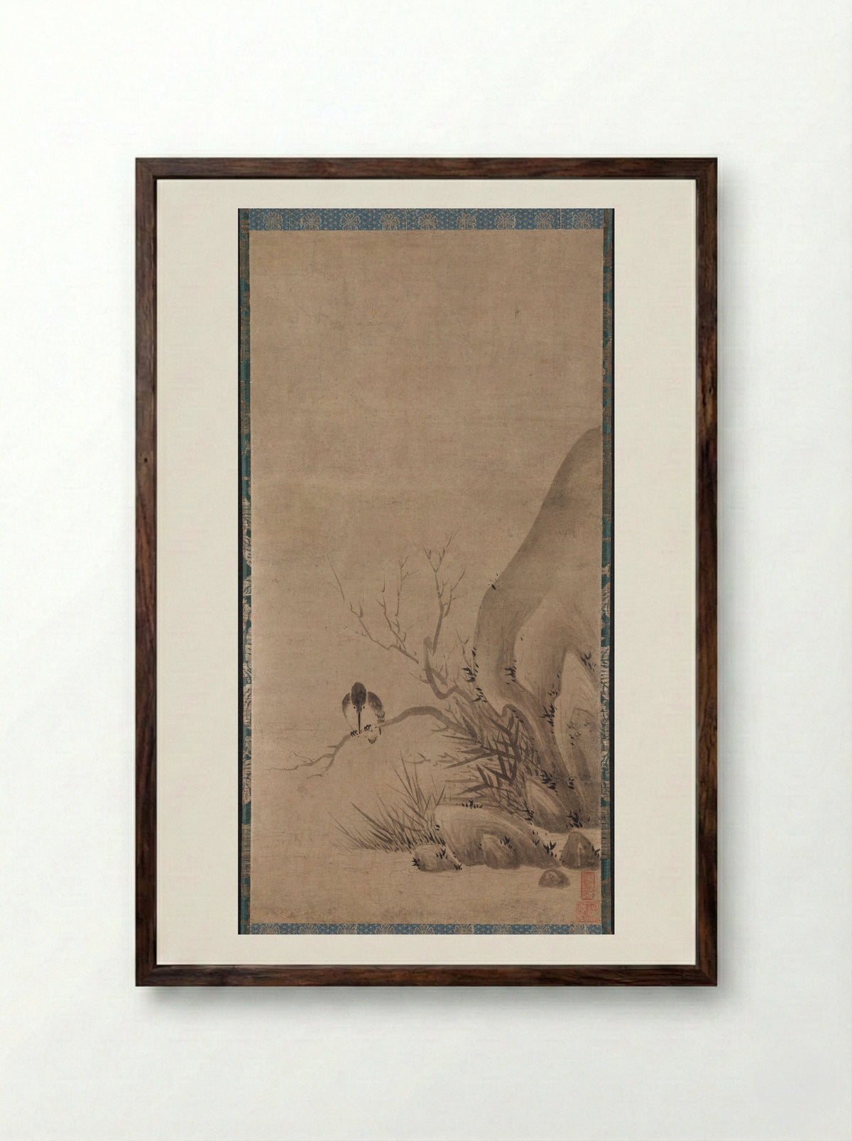 Kingfisher Perched above a Stream - Kenkō Shōkei - Framed Print Dark Wood