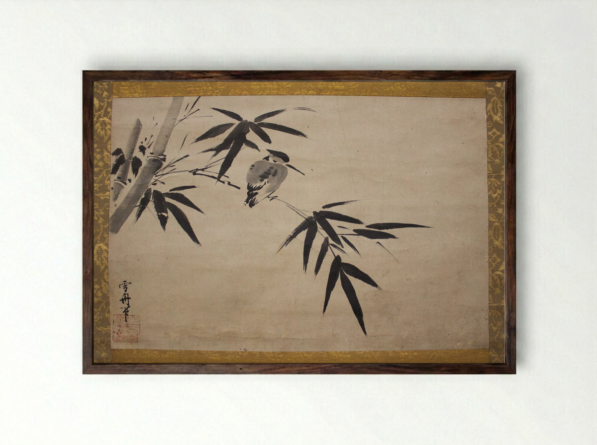 Kingfisher and Bamboo - Sesshū Tōyō - Framed Print Dark Wood
