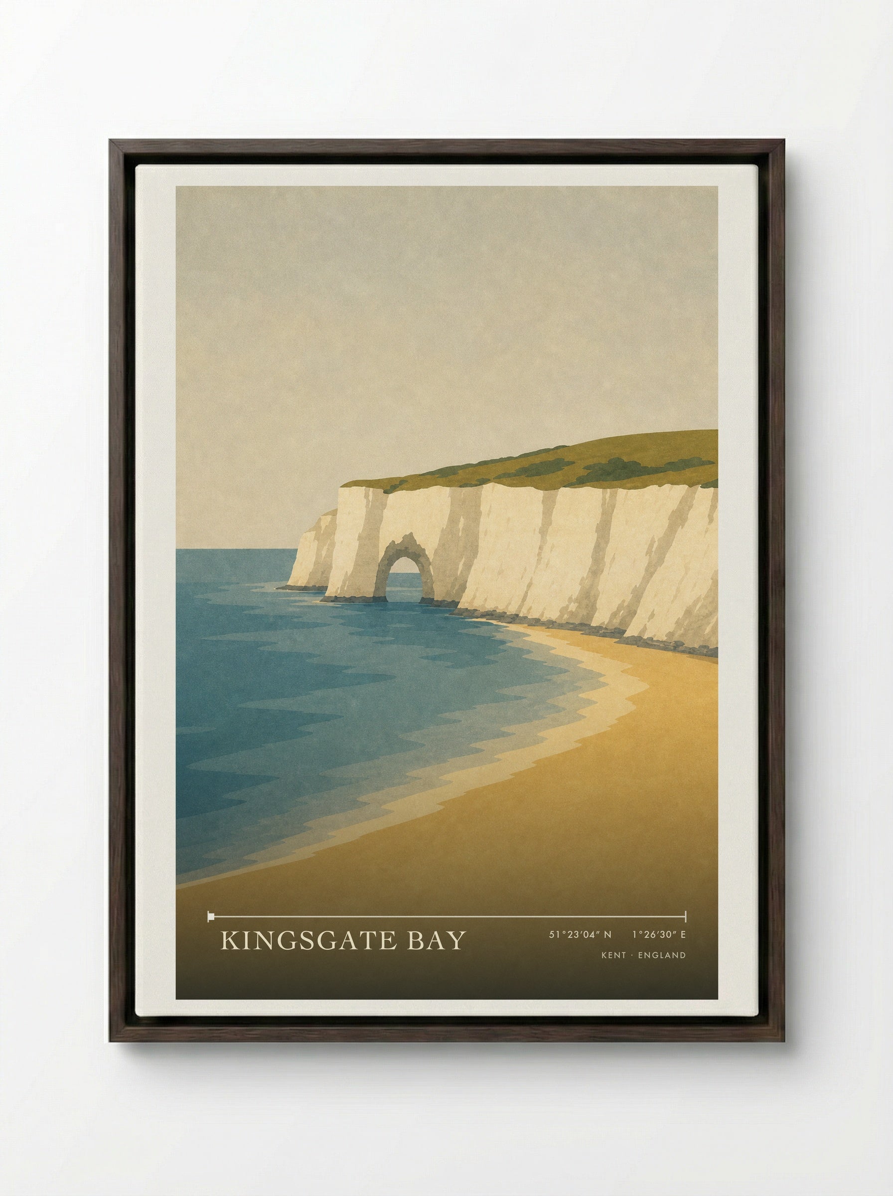 Kingsgate Bay Kent Travel Poster - Framed Canvas Dark Wood