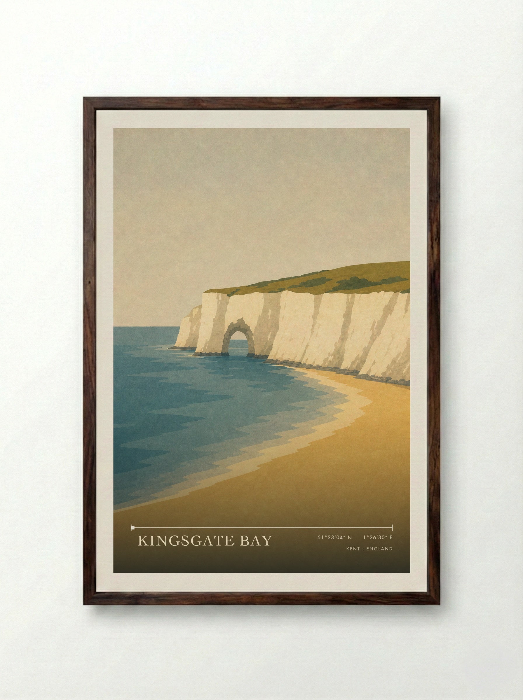 Kingsgate Bay Kent Travel Poster - Framed Print Dark Wood