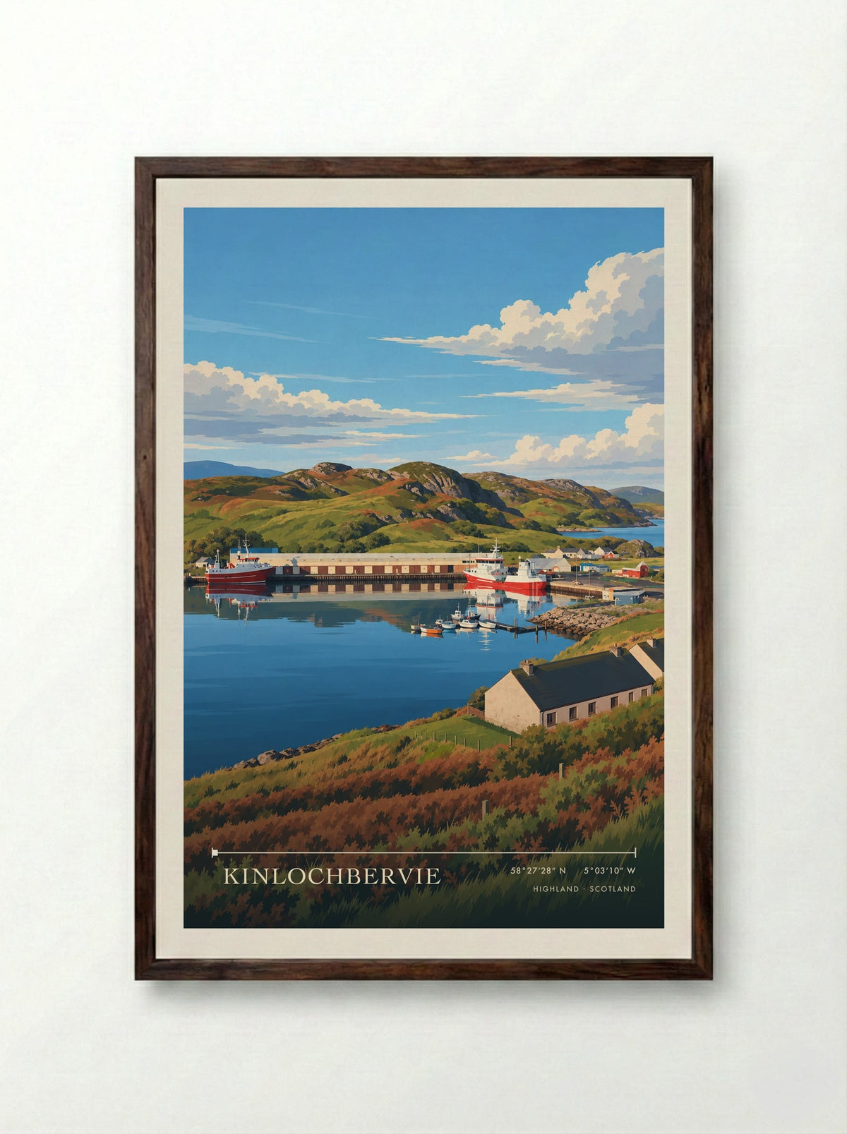 Kinlochbervie, Highland | Travel Poster - Framed Print Dark Wood