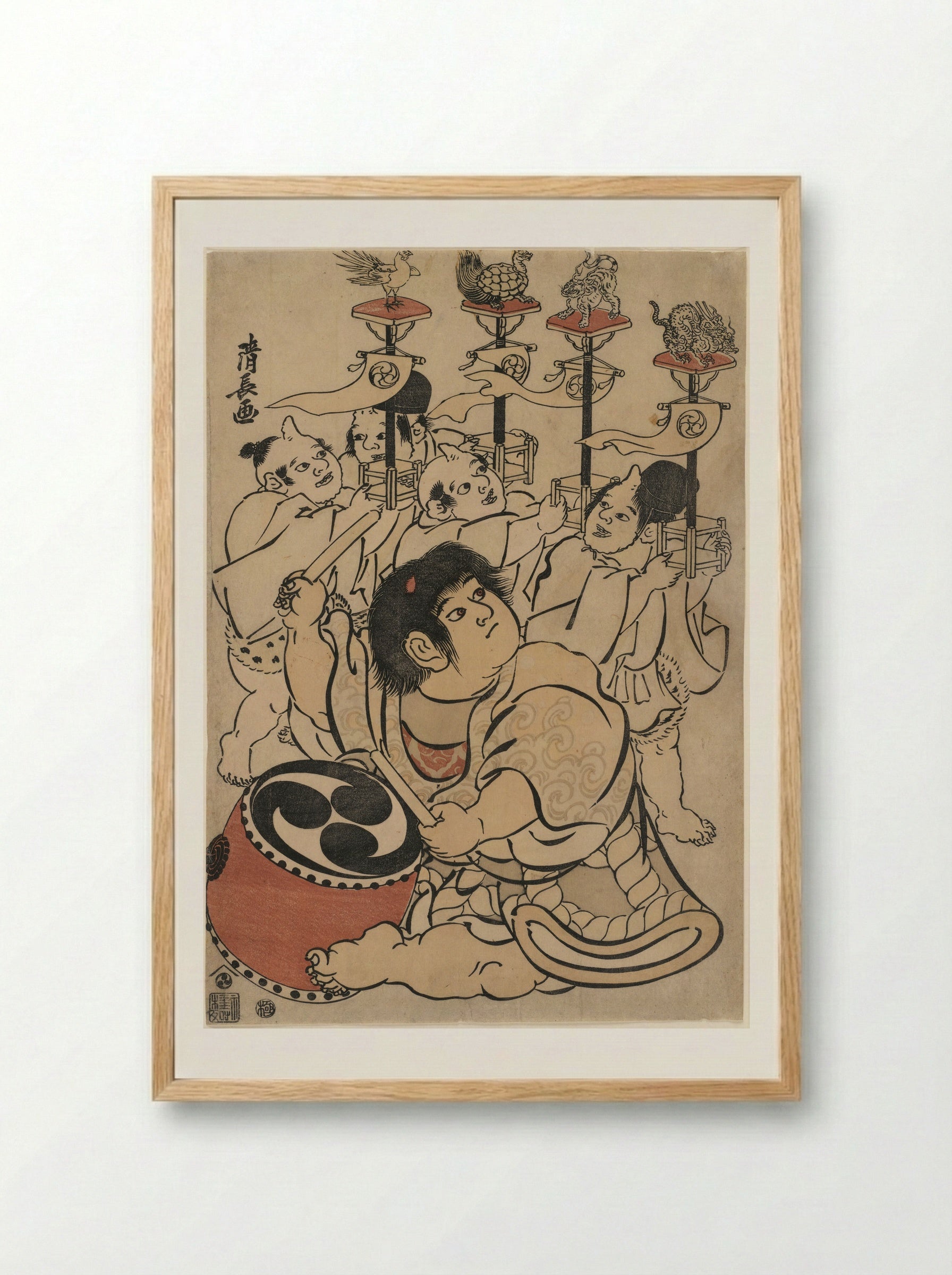 Kintarō Beating a Drum Followed by Four Young Oni Carrying Standards of the Four Directions - Torii Kiyonaga - Framed Print Wood