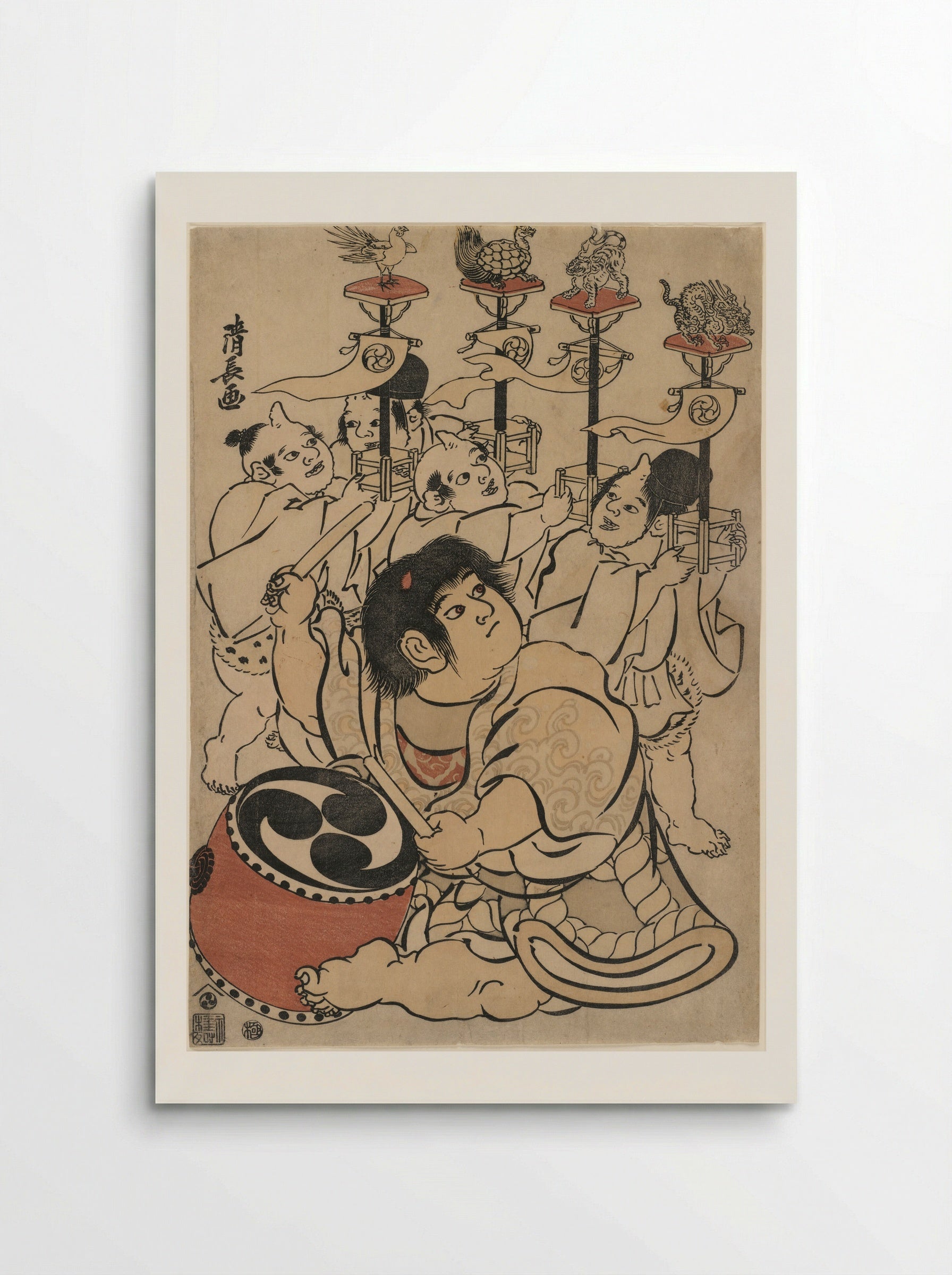 Kintarō Beating a Drum Followed by Four Young Oni Carrying Standards of the Four Directions - Torii Kiyonaga - Poster