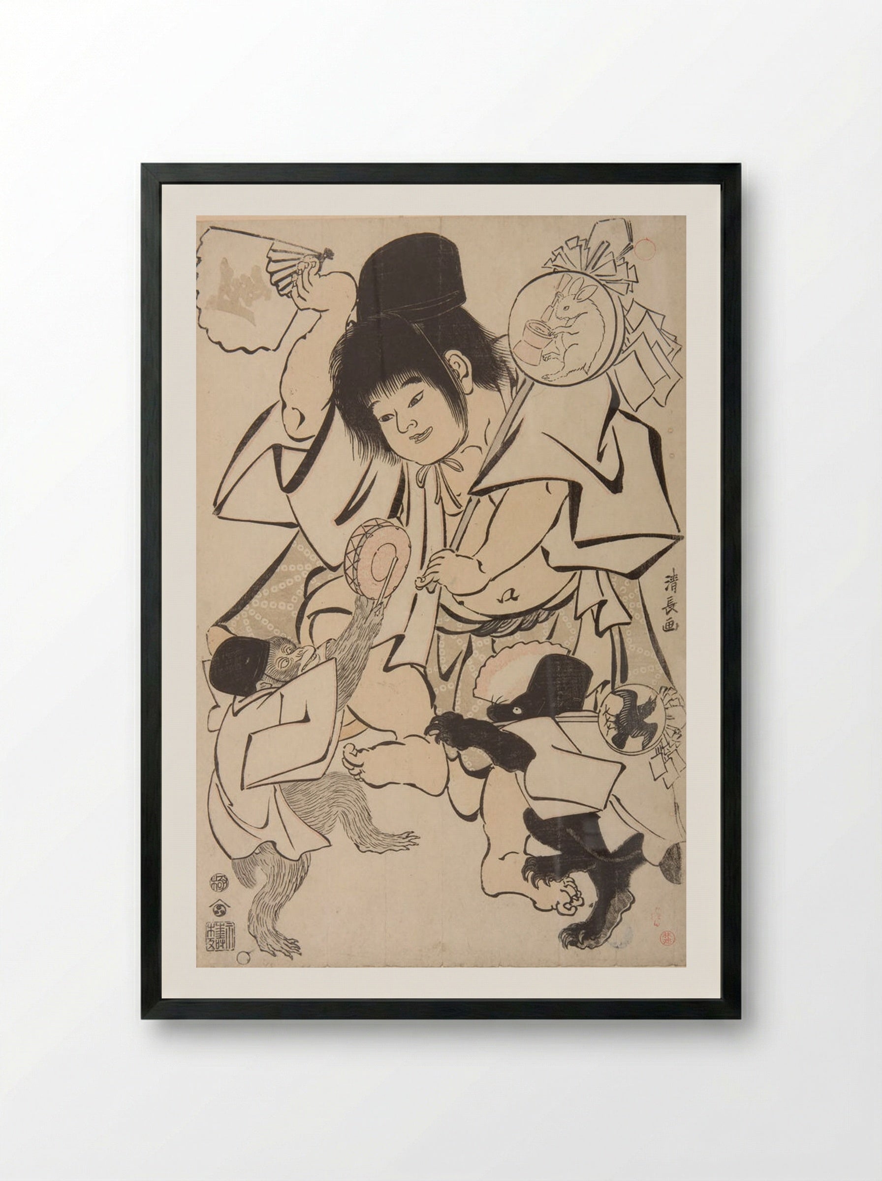 Kintarō Dancing with a Monkey and Bear - Torii Kiyonaga - Framed Print Black