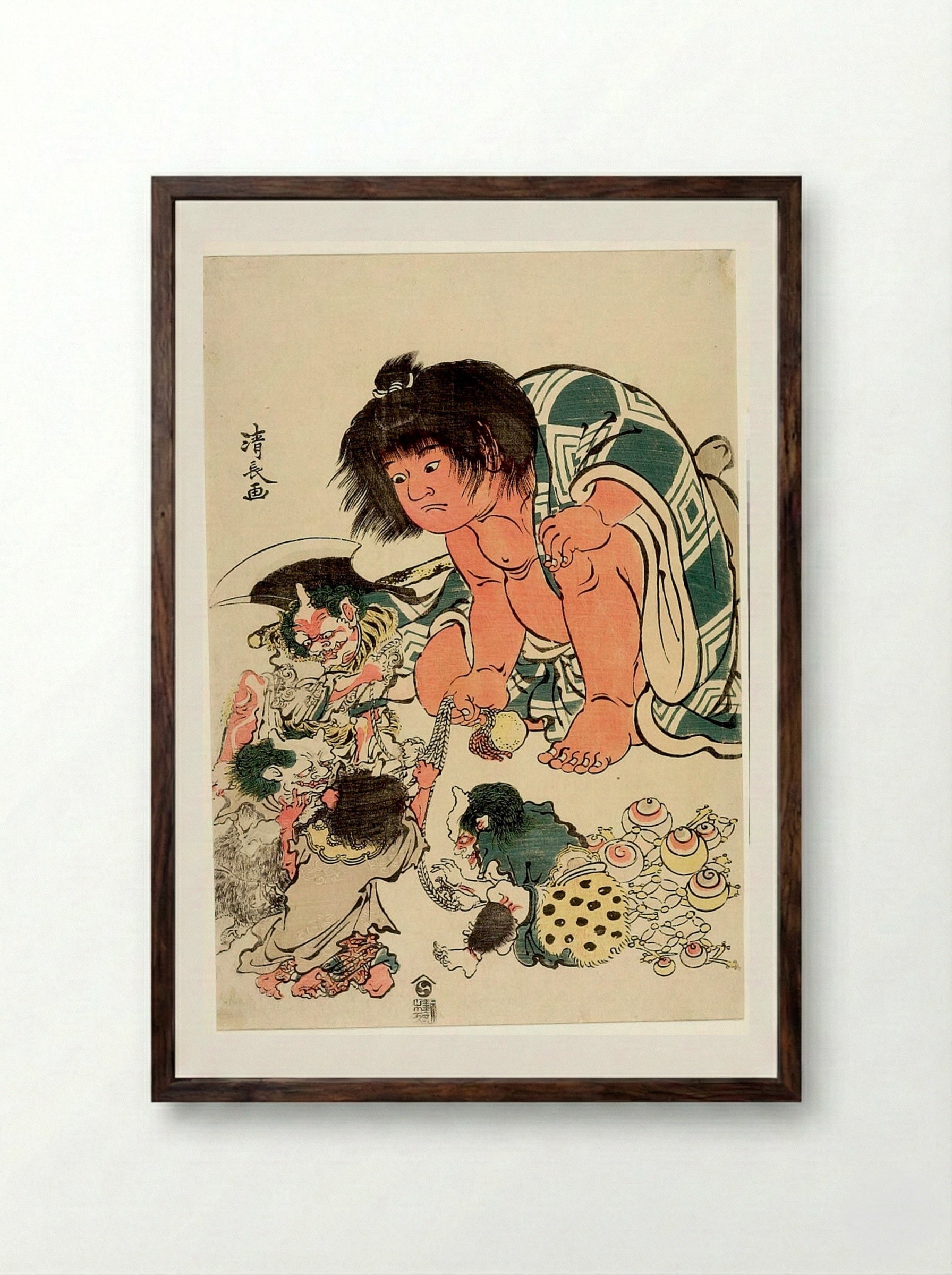 Kintarō Making Four Demons Draw Lots - Torii Kiyonaga - Framed Print Dark Wood