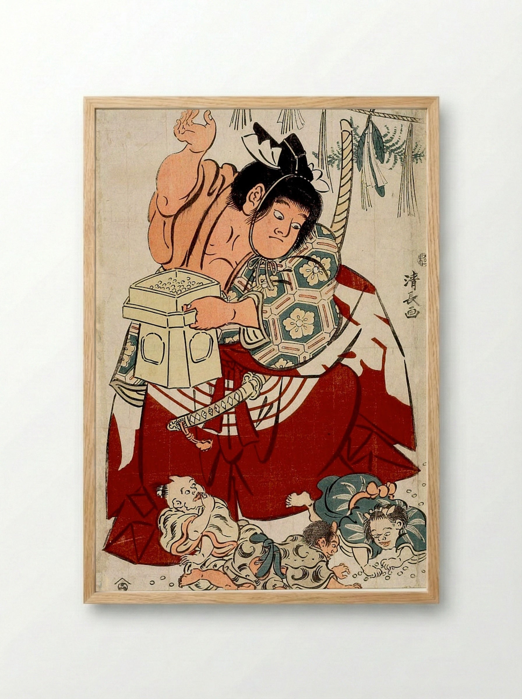 Kintarō Throwing Beans at the Setsubun Festival - Torii Kiyonaga - Framed Print Wood