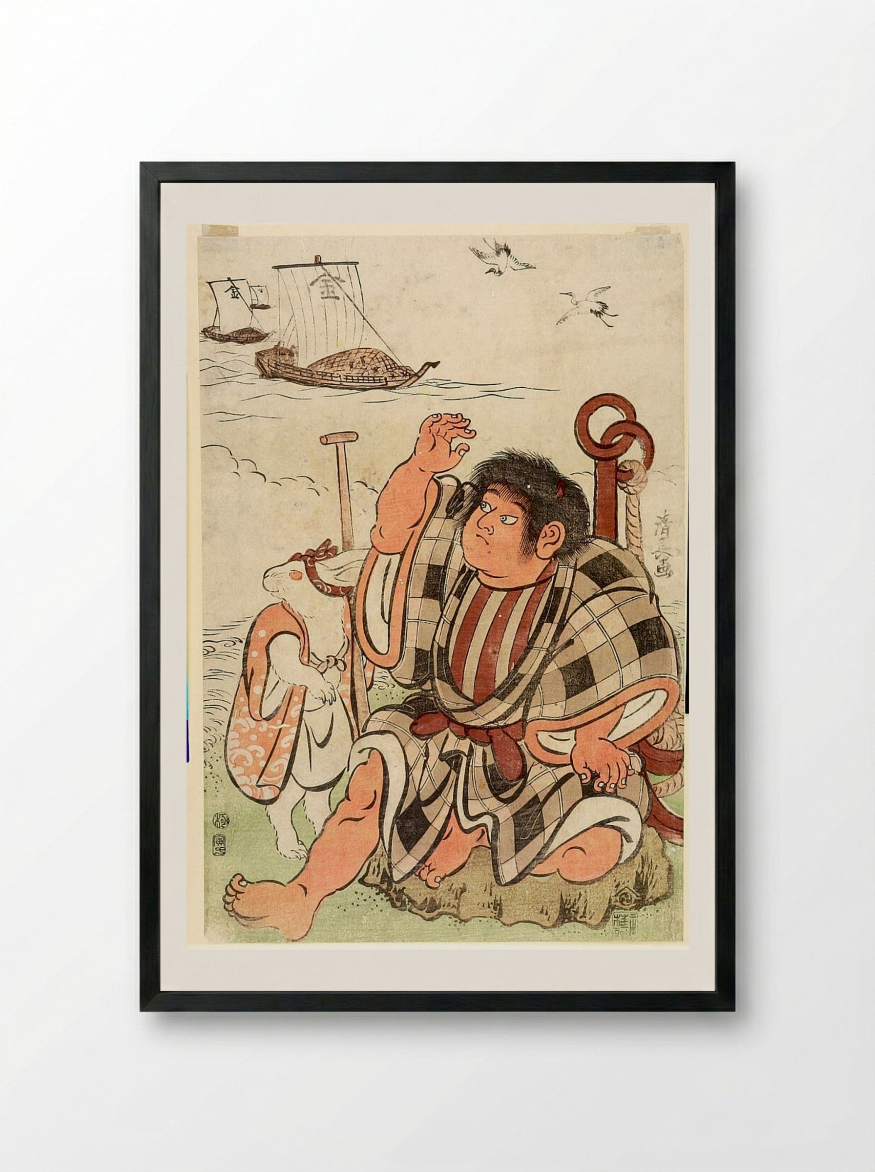 Kintarō and Rabbit on the Shore - Torii Kiyonaga - Framed Print Black