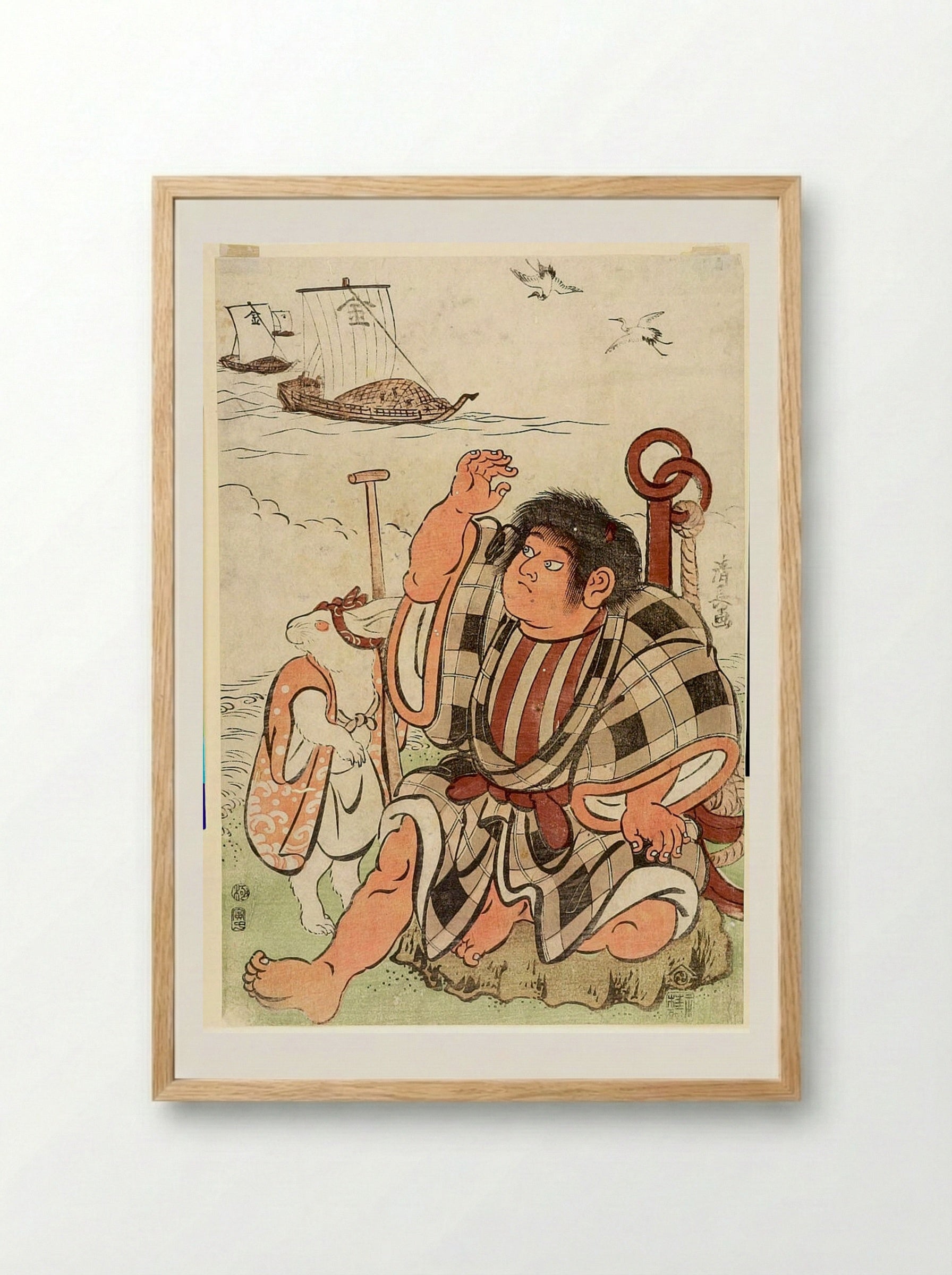 Kintarō and Rabbit on the Shore - Torii Kiyonaga - Framed Print Wood